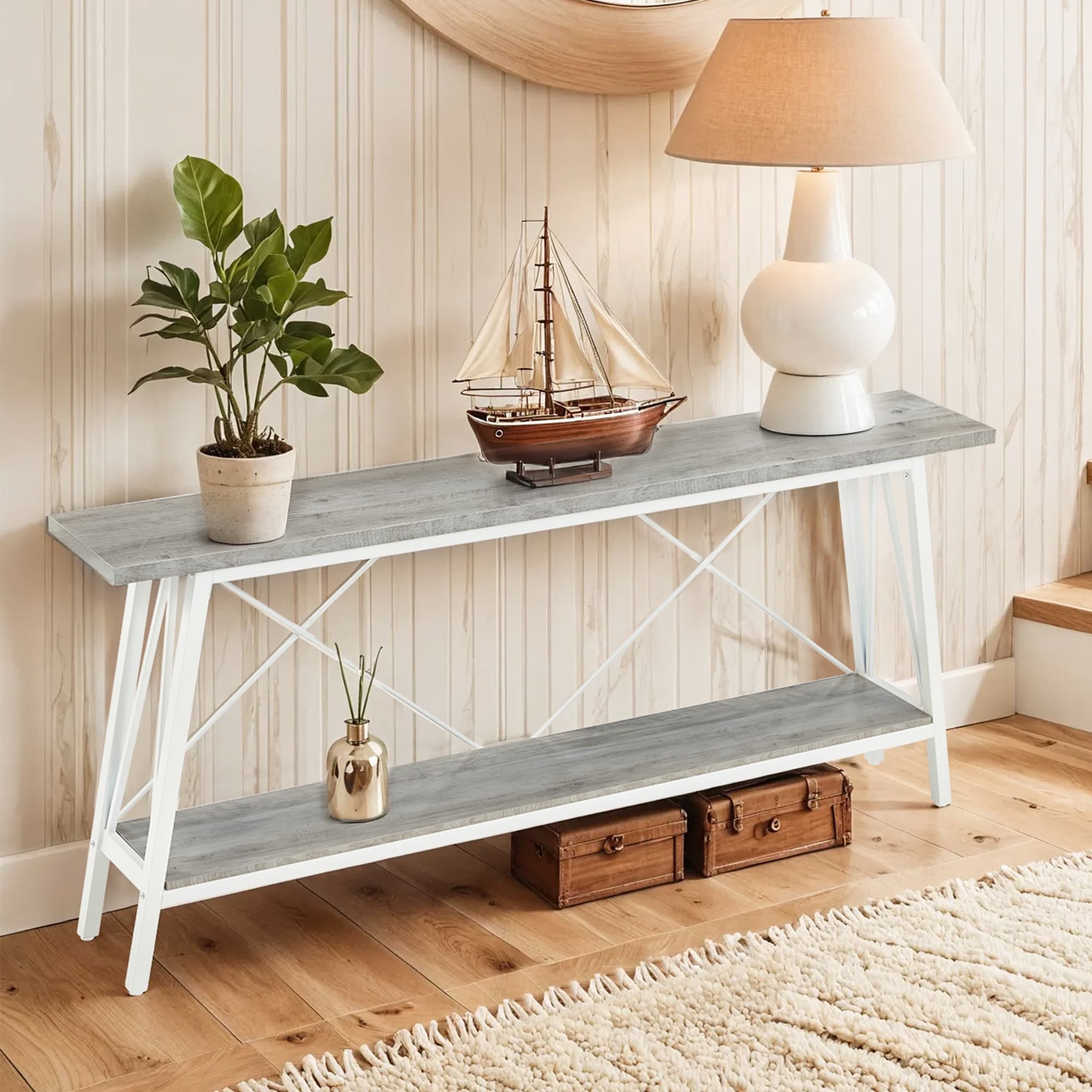 Angle. U-HOMY - Grey Console Table with Shelves – 31.5"H Modern Narrow Entryway Table, Sofa Table Behind Couch - Grey.