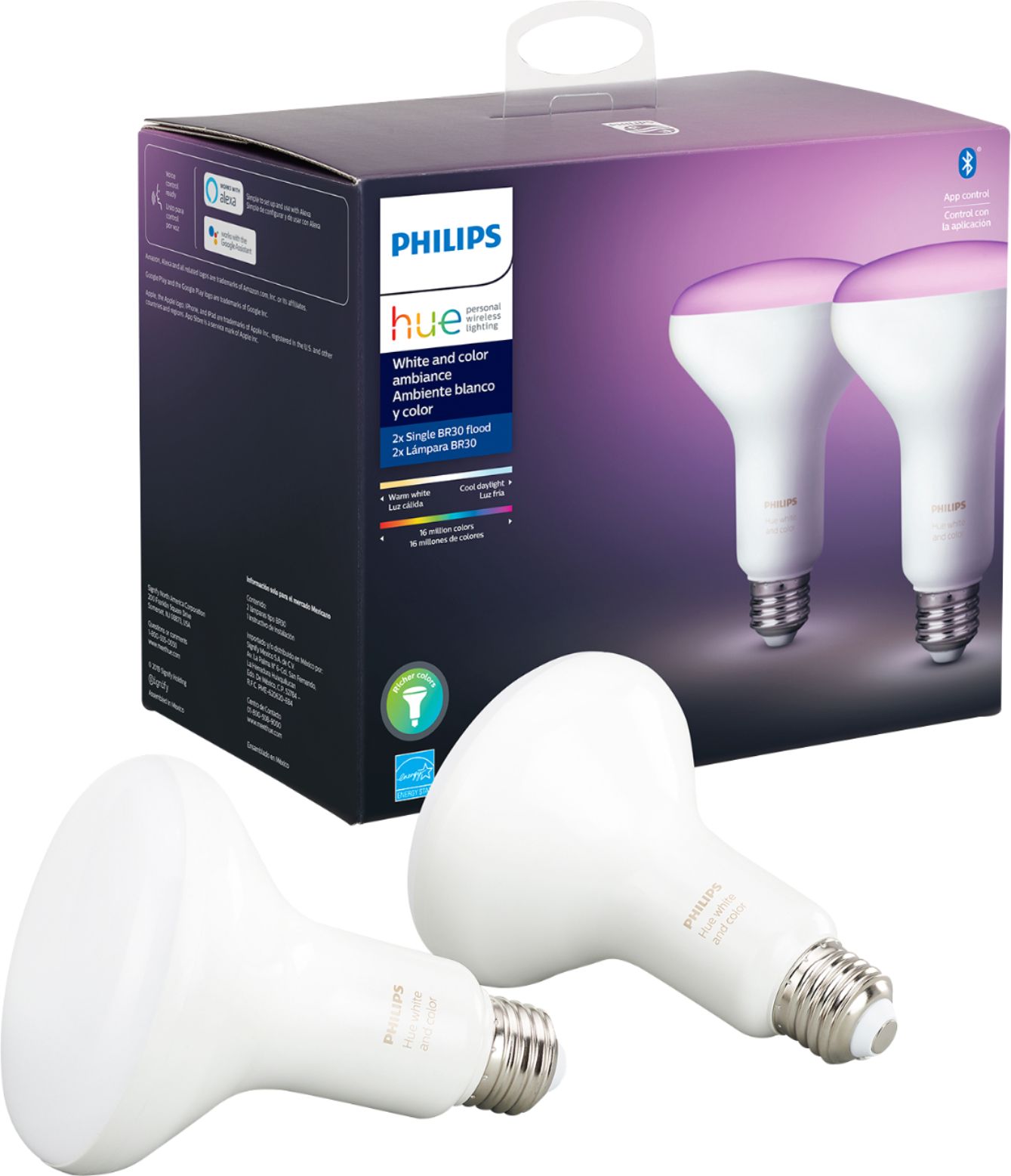 Gloed Verdienen Bron Philips Hue BR30 Bluetooth Smart LED Bulb (2-pack) White and Color Ambiance  548586 - Best Buy