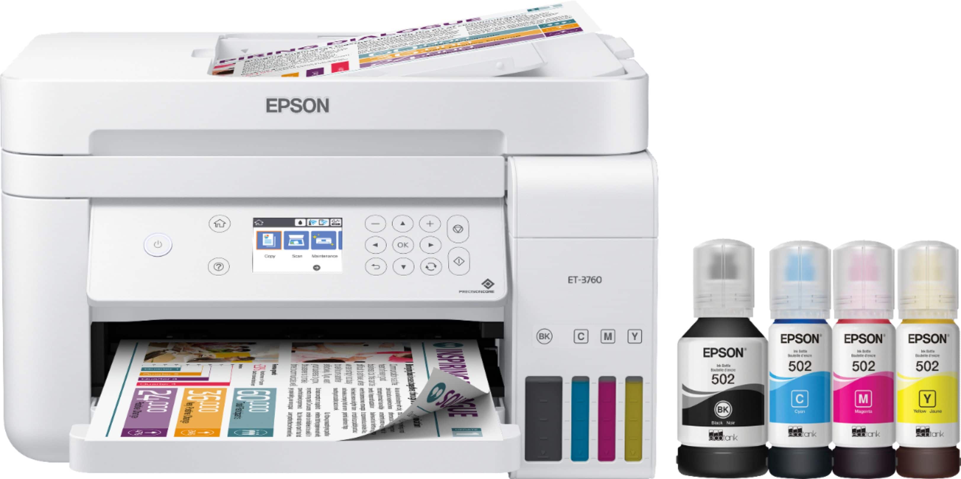 Front. Epson - EcoTank ET-3760 Wireless All-In-One Inkjet Printer - White.