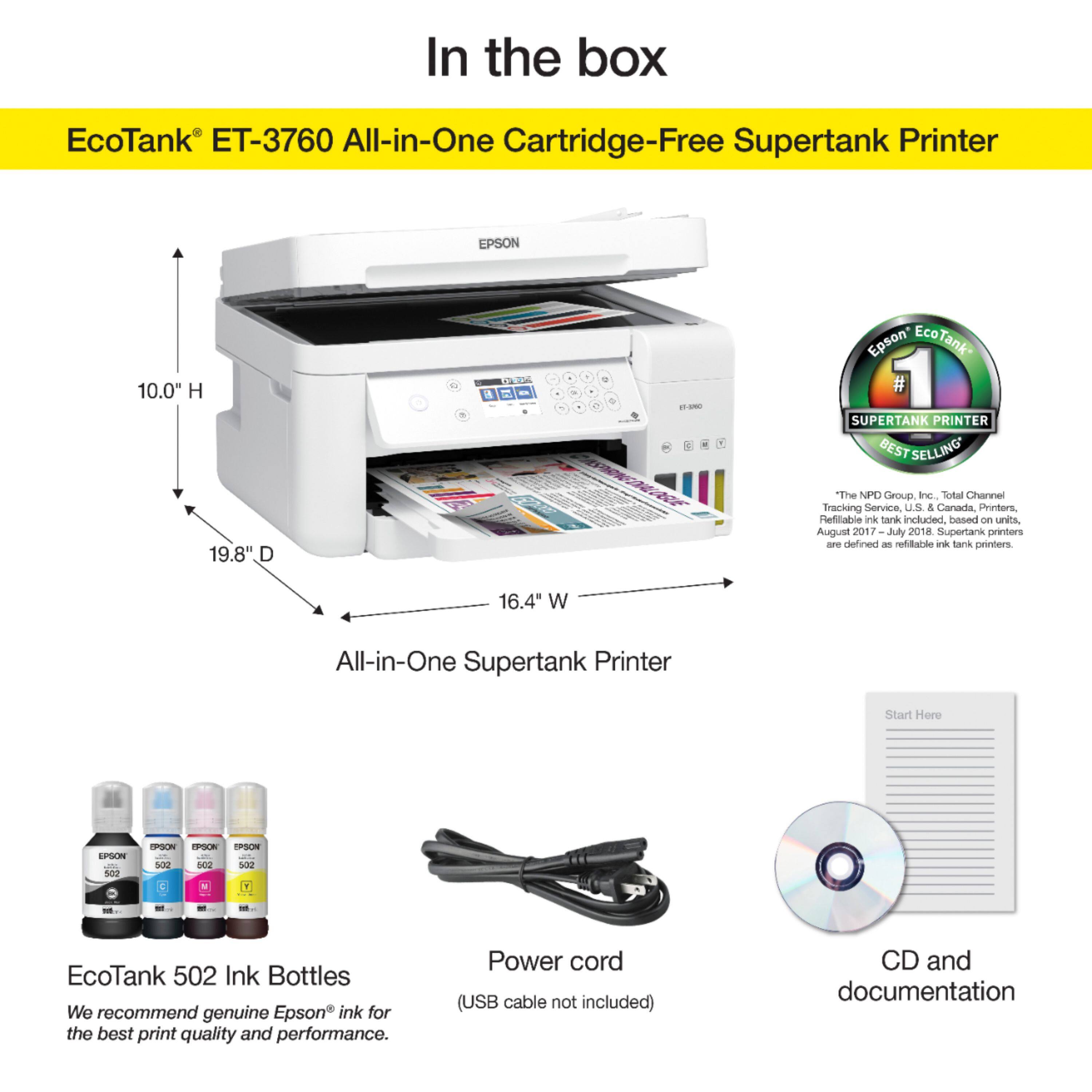 Alt View 13. Epson - EcoTank ET-3760 Wireless All-In-One Inkjet Printer - White.