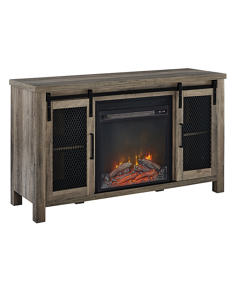 Angle View: Walker Edison - Rustic Two Sliding Door Fireplace TV Stand for Most TVs up to 52" - Grey Wash