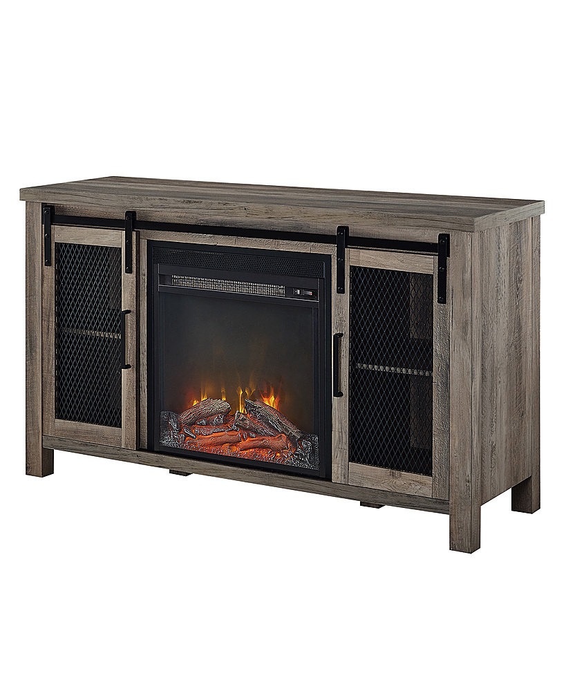 Left View: Walker Edison - Rustic Two Sliding Door Fireplace TV Stand for Most TVs up to 52" - Grey Wash