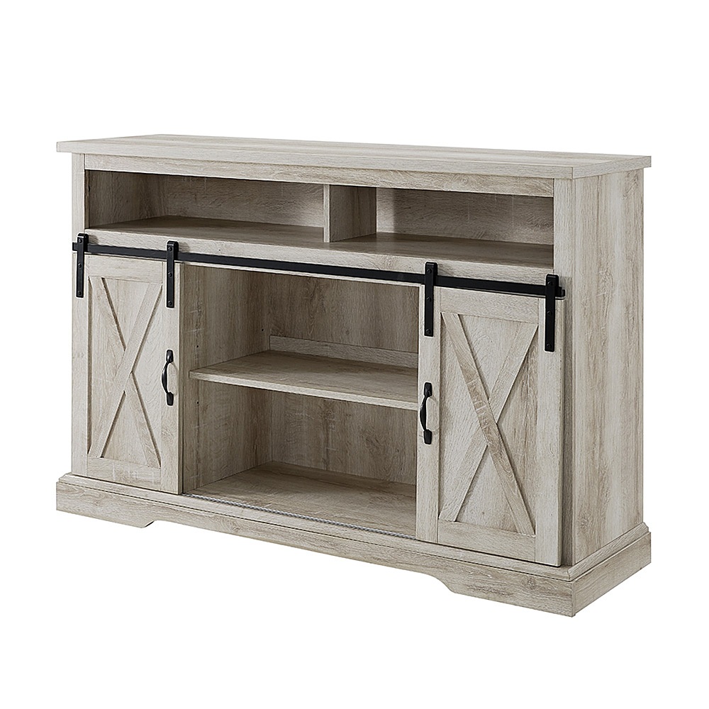 Left View: Walker Edison - Sliding Barn Door Highboy Storage Console for Most TVs Up to 56" - White Oak