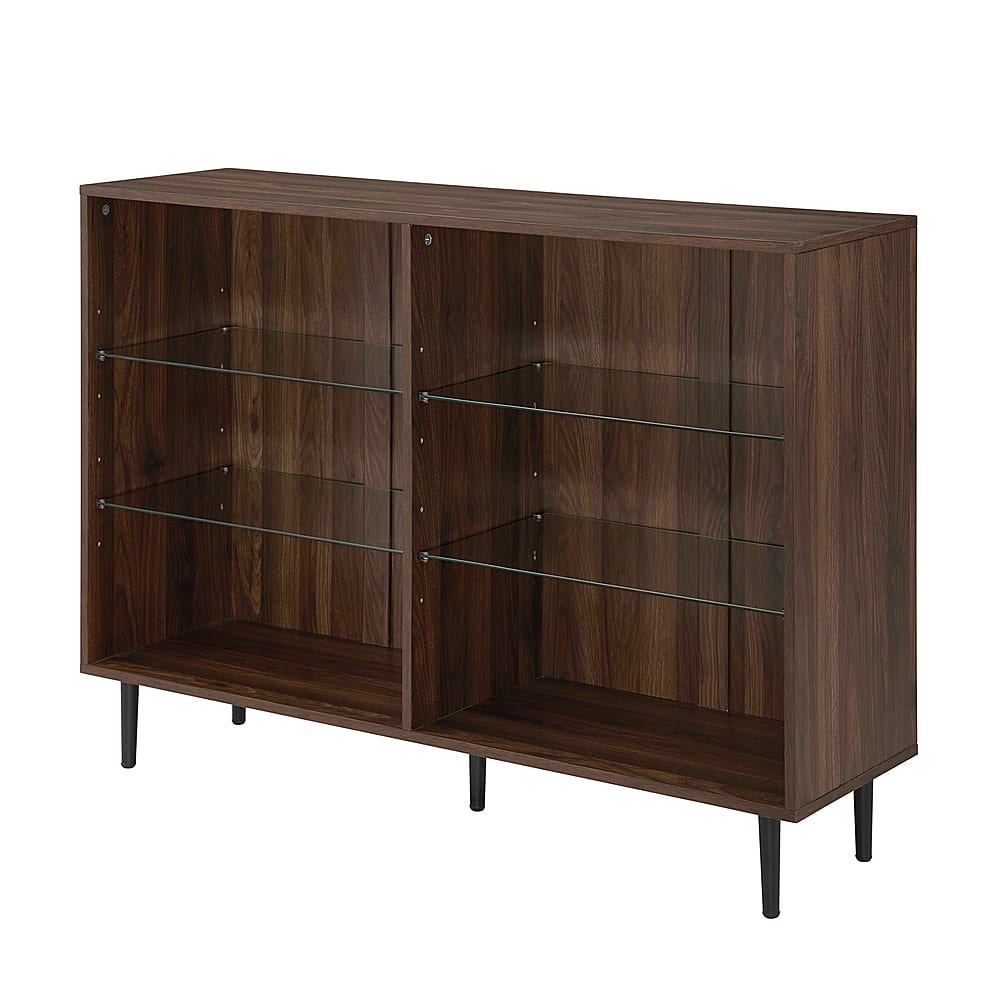 Left View: Walker Edison - Mid-Century Modern Metal, Tempered Glass & High-Grade MDF 4-Shelf Bookcase - Dark Walnut