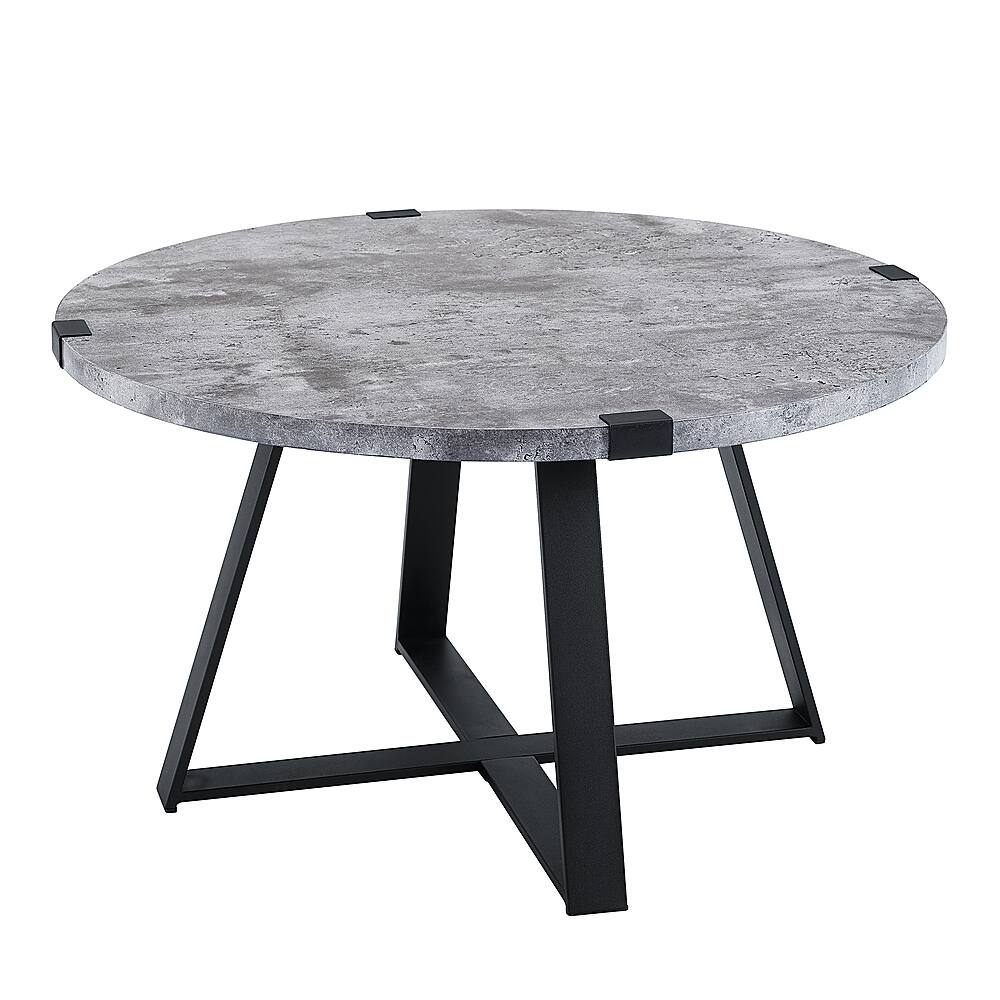 Left View: Walker Edison - Round Rustic Coffee Table - Faux Concrete