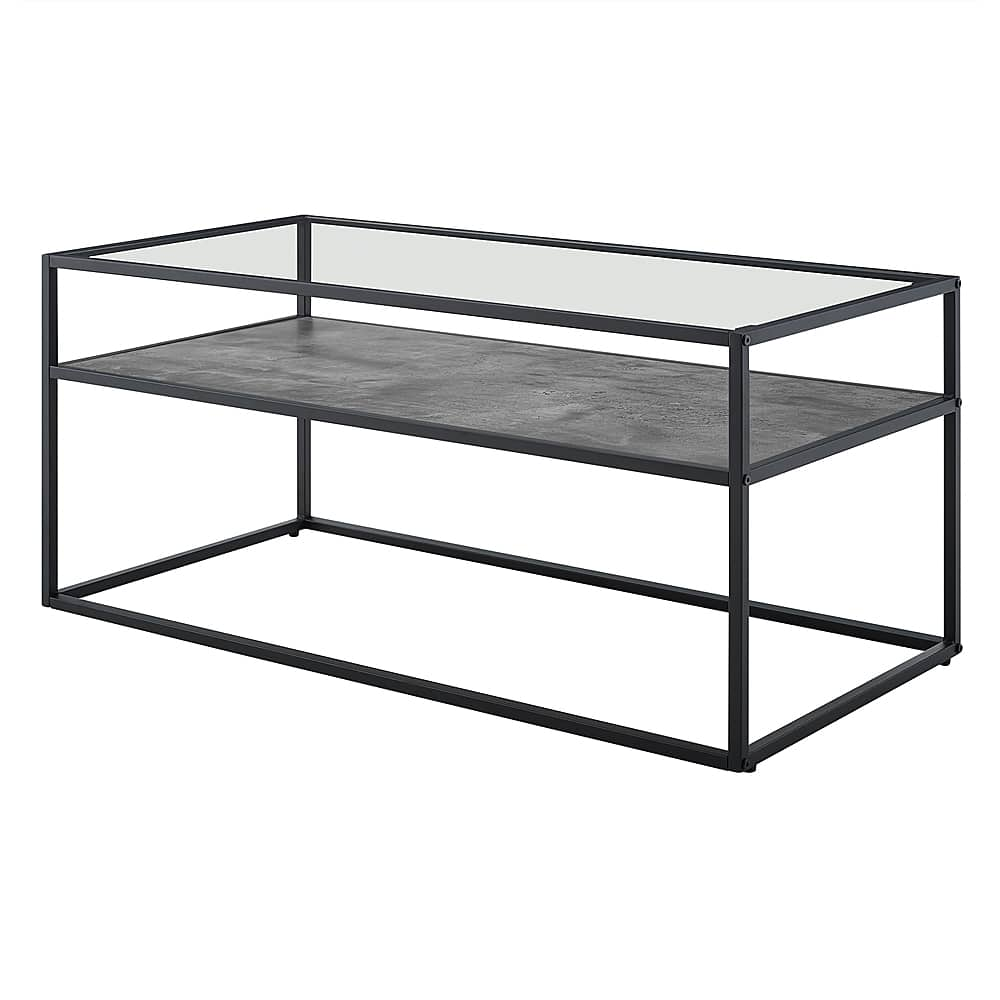 Left View: Walker Edison - Rectangular Modern Tempered Glass Coffee Table - White Faux Marble/Black Concrete