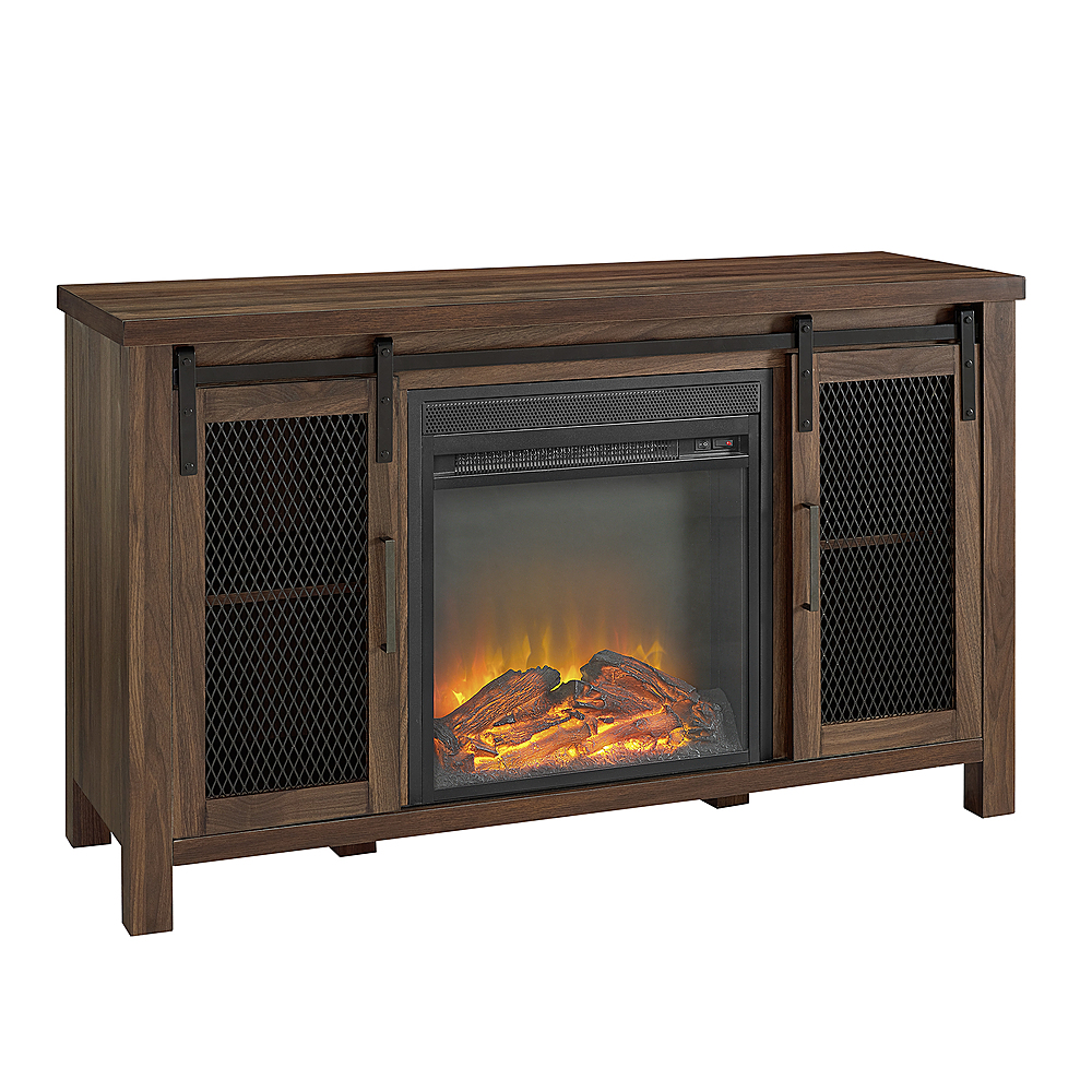 Angle View: Walker Edison - Rustic Two Sliding Door Fireplace TV Stand for Most TVs up to 52" - Dark Walnut