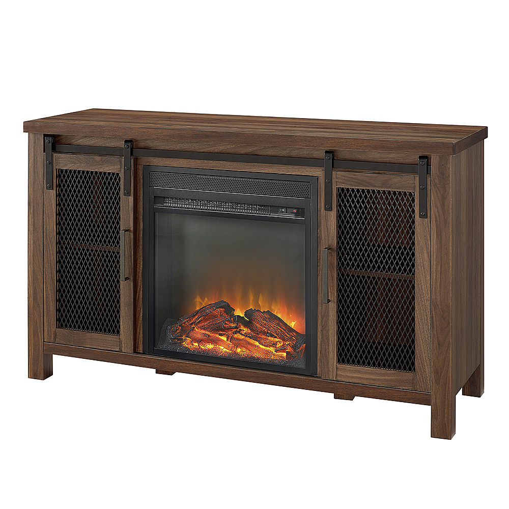 Left View: Walker Edison - Rustic Two Sliding Door Fireplace TV Stand for Most TVs up to 52" - Dark Walnut