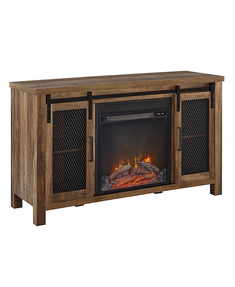 Angle View: Walker Edison - Rustic Two Sliding Door Fireplace TV Stand for Most TVs up to 52" - Rustic Oak
