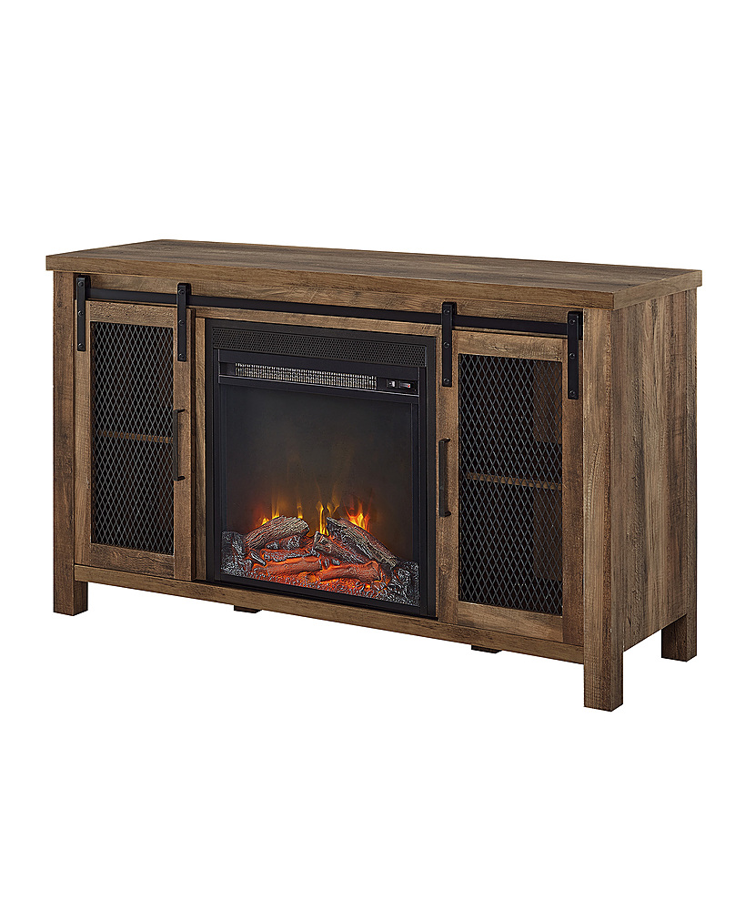 Left View: Walker Edison - Rustic Two Sliding Door Fireplace TV Stand for Most TVs up to 52" - Rustic Oak