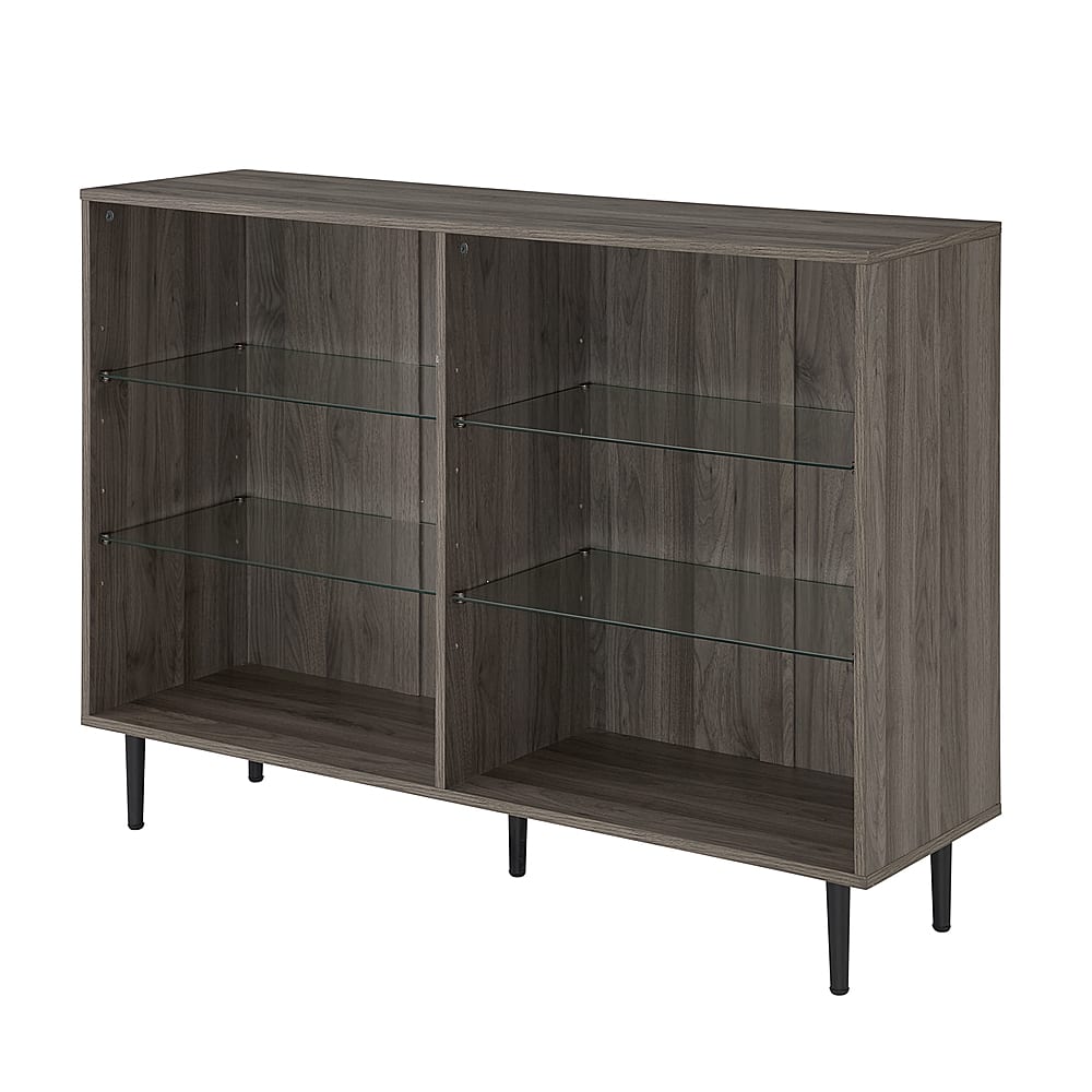 Left View: Walker Edison - Mid-Century Modern Metal, Tempered Glass & High-Grade MDF 4-Shelf Bookcase - Slate Gray