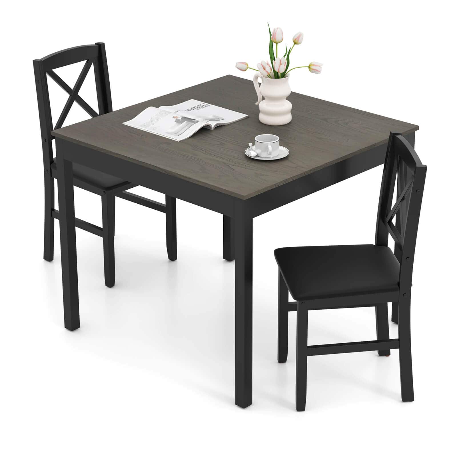 Front. Costway - Costway 3 PCS Dining Table Set Wooden Square Kitchen Table with 2 Upholstered Chairs - Gray.