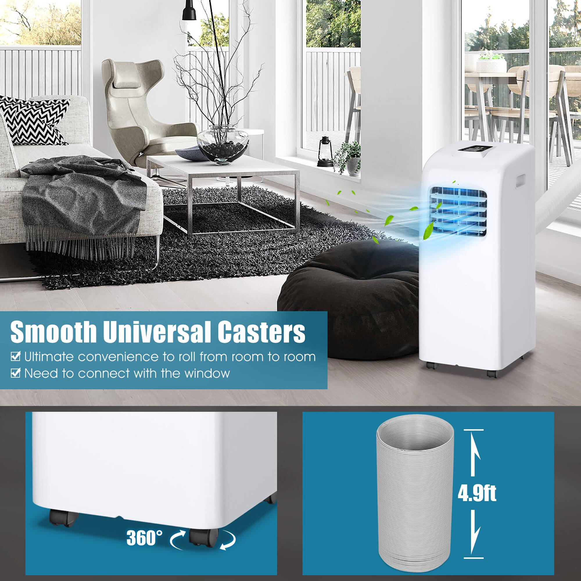 Smooth Universal Casters: Ultimate convenience to roll from room to room. Need to connect with the window. 1 4.9ft 360.