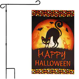 G128 - Combo Pack: Garden Flag Stand 36 in x 16 in & Halloween Garden Flag 12 in x 18 in Double-Sided Blockout Fabric - Assorted Colors