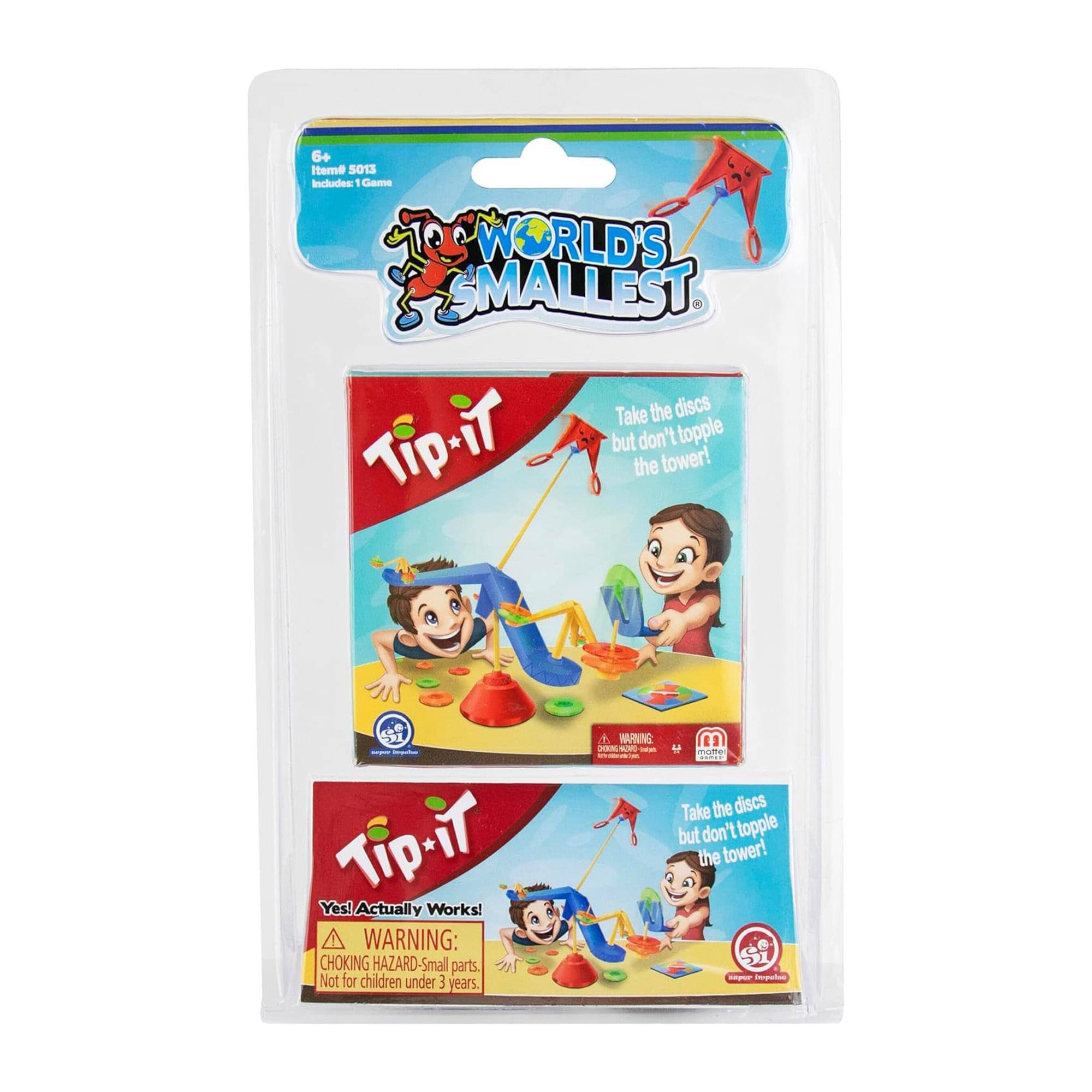 6+ Itema SOTS bricdontion 1 Game WORLD'S SMALLEST. Take the discs Tip-iT but don't topple the tower! Yes! Tip-iT Actually Works! WARNING: CHOKING HAZARD-Small parts. Not for children under 3 years.