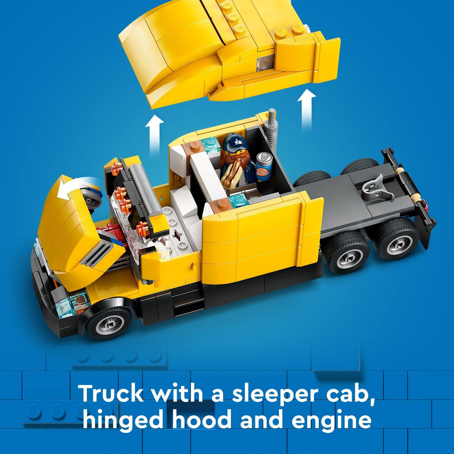 Truck with a sleeper cab, hinged hood and engine.