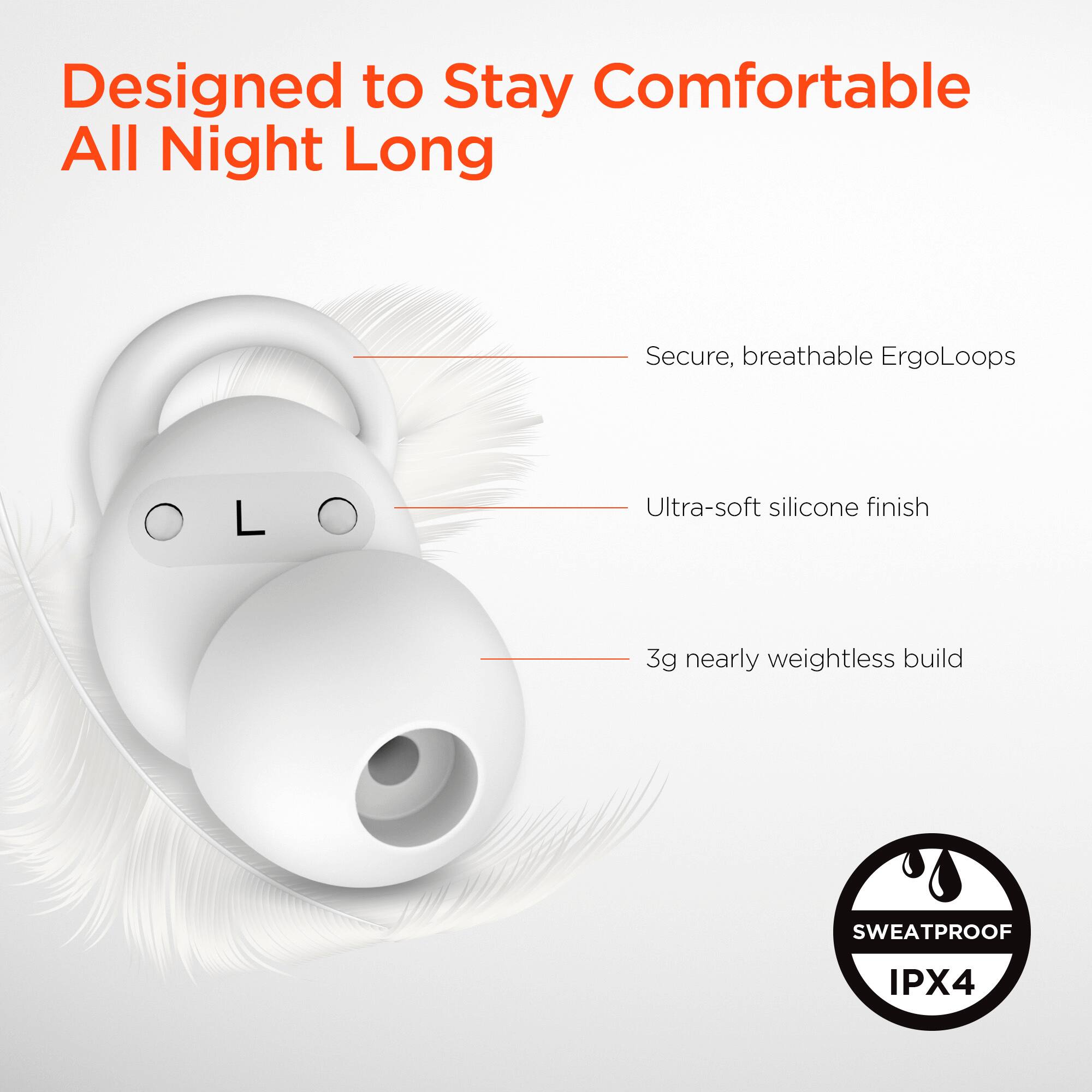 Designed to Stay Comfortable All Night Long

- Secure, breathable ErgoLoops
- Ultra-soft silicone finish
- 3g nearly weightless build

SWEATPROOF IPX4