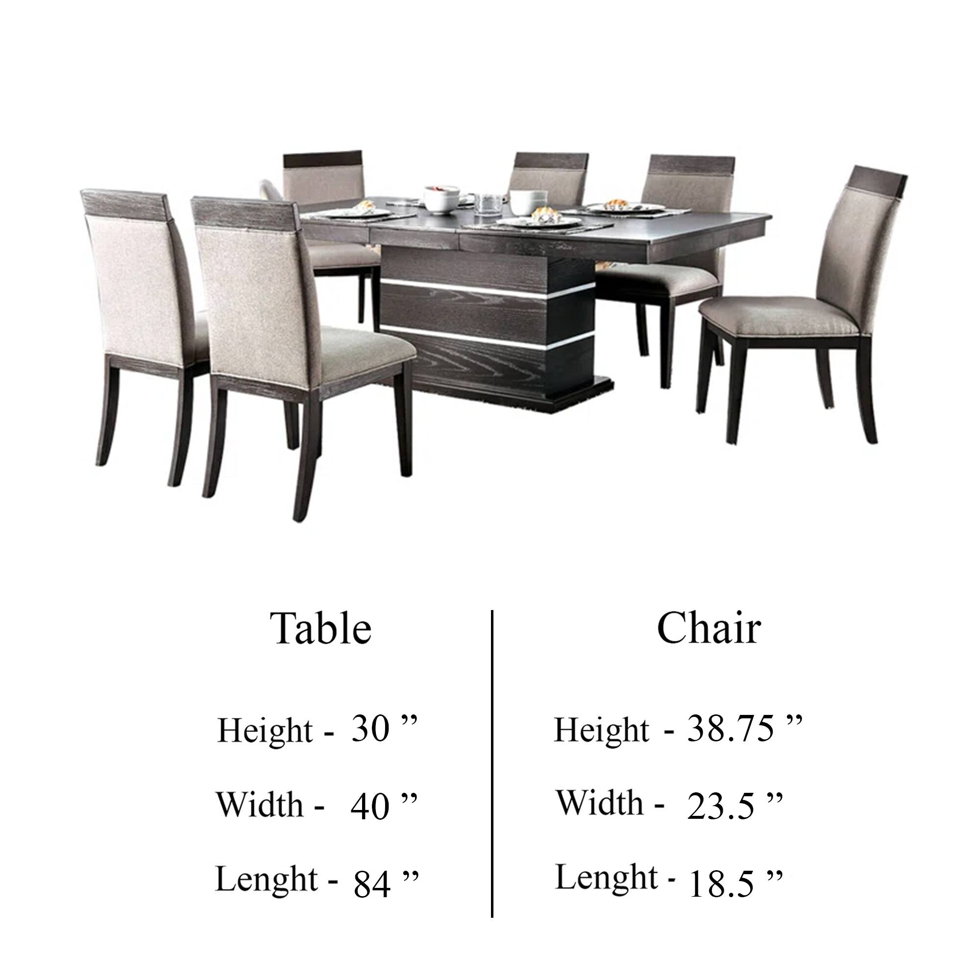 Table  
Height - 30 "  
Width - 40 "  
Lenght - 84 "  

Chair  
Height - 38.75 "  
Width - 23.5 "  
Lenght - 18.5 "