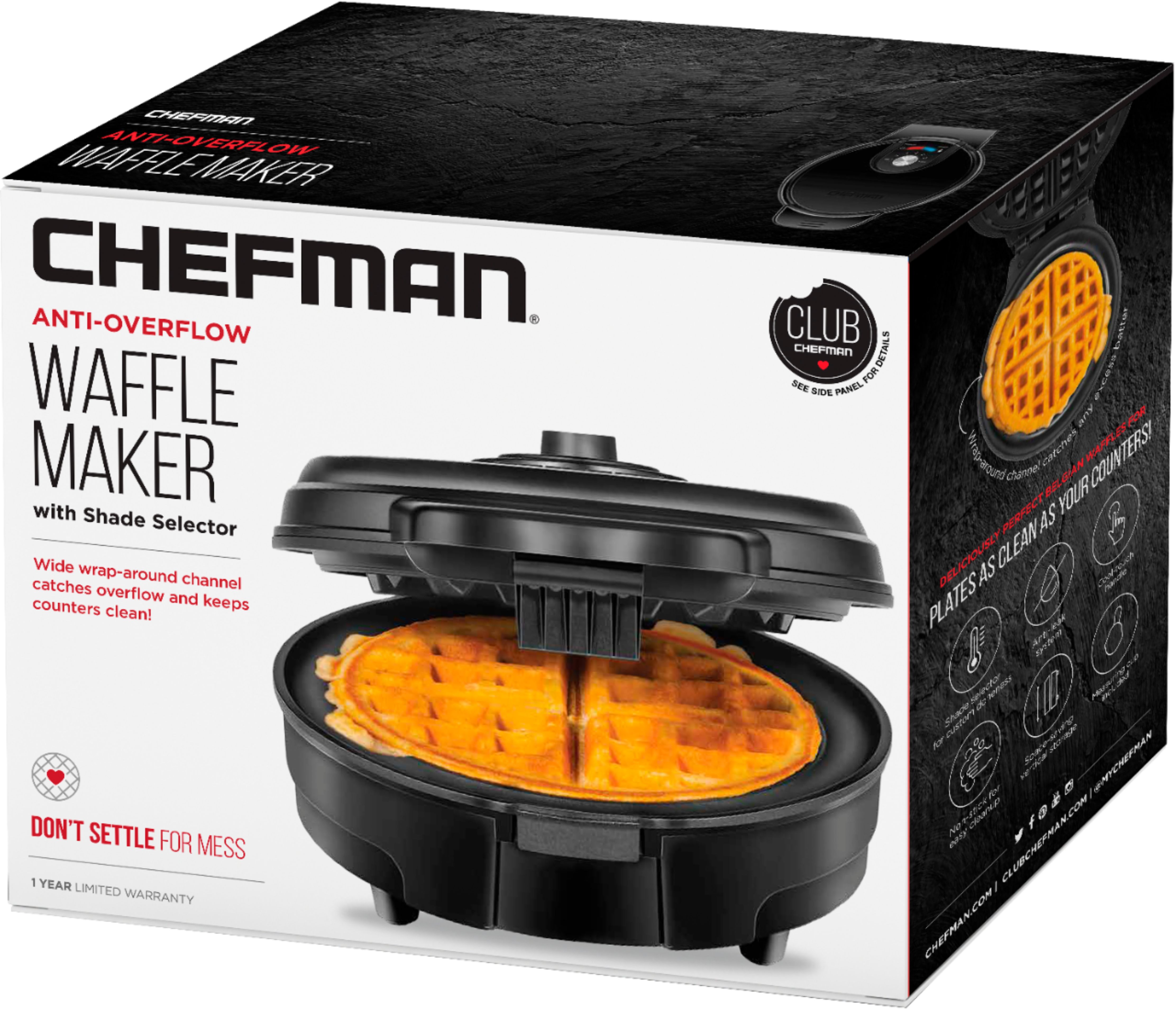 Chefman Anti-Overflow Belgian Waffle Maker w/Shade Selector Nonstick Plates RJ04 