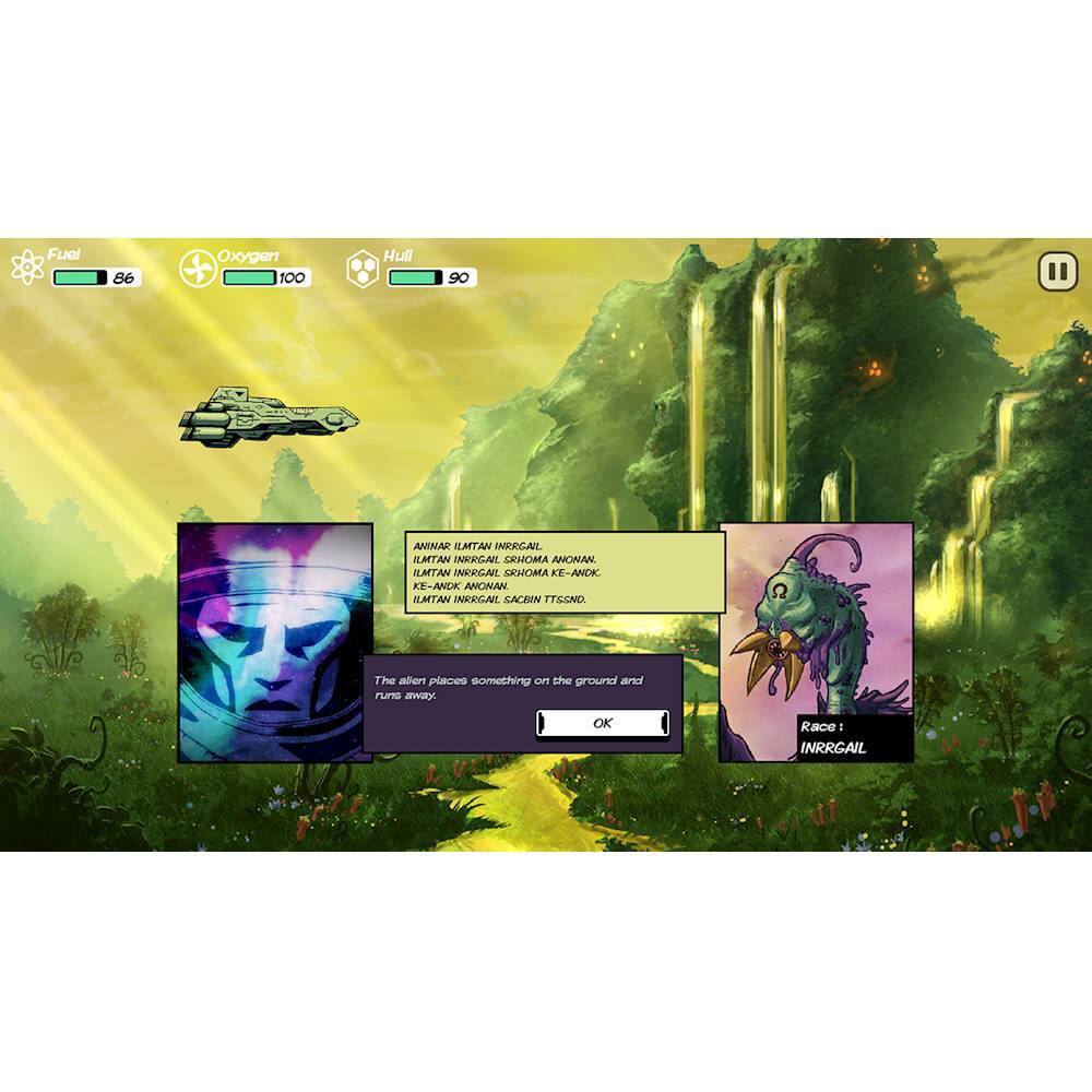 The image features a video game with a character on a spaceship, surrounded by a green landscape. The game appears to be set in a futuristic world, with the character possibly exploring a new planet. The game's title is displayed at the top of the image, and there are several buttons and a menu visible on the screen. The game seems to be an action-adventure or exploration game, where the player navigates through the environment and interacts with various elements, such as the spaceship and the alien.