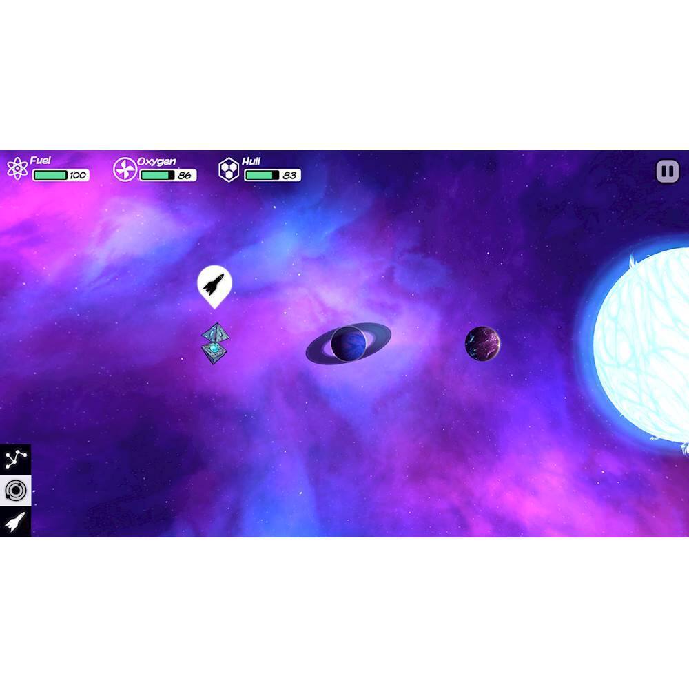 The image features a video game with a purple background and a spaceship. The spaceship is surrounded by a few planets, and there is a fuel gauge and an oxygen gauge visible in the game. The fuel gauge reads 100, while the oxygen gauge reads 86. The game appears to be set in space, with the spaceship navigating through the planets.