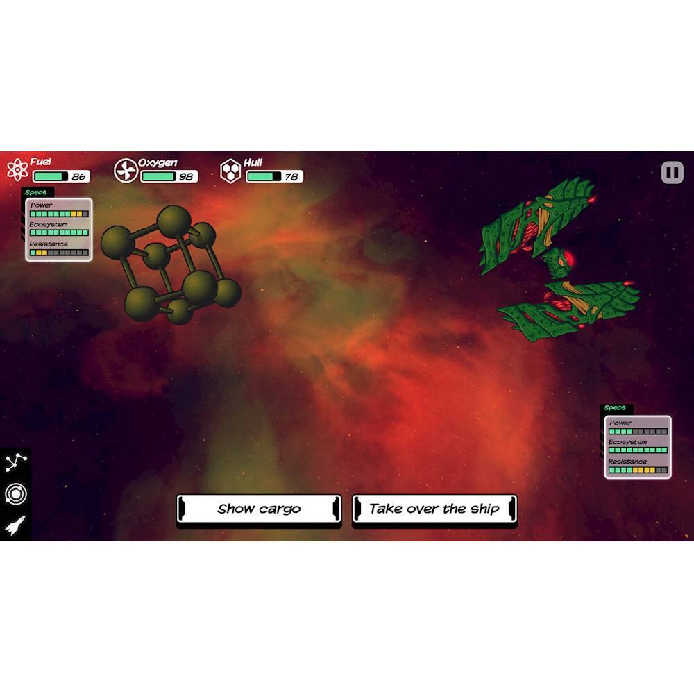 The image features a video game with a red background and two spaceships, one of which is green and the other is red. The green spaceship is positioned on the left side of the image, while the red spaceship is on the right side. The game appears to be a space-themed strategy game, with the objective of taking over the ship. The image also includes a text box with the words "Show cargo" and "Take over the ship."