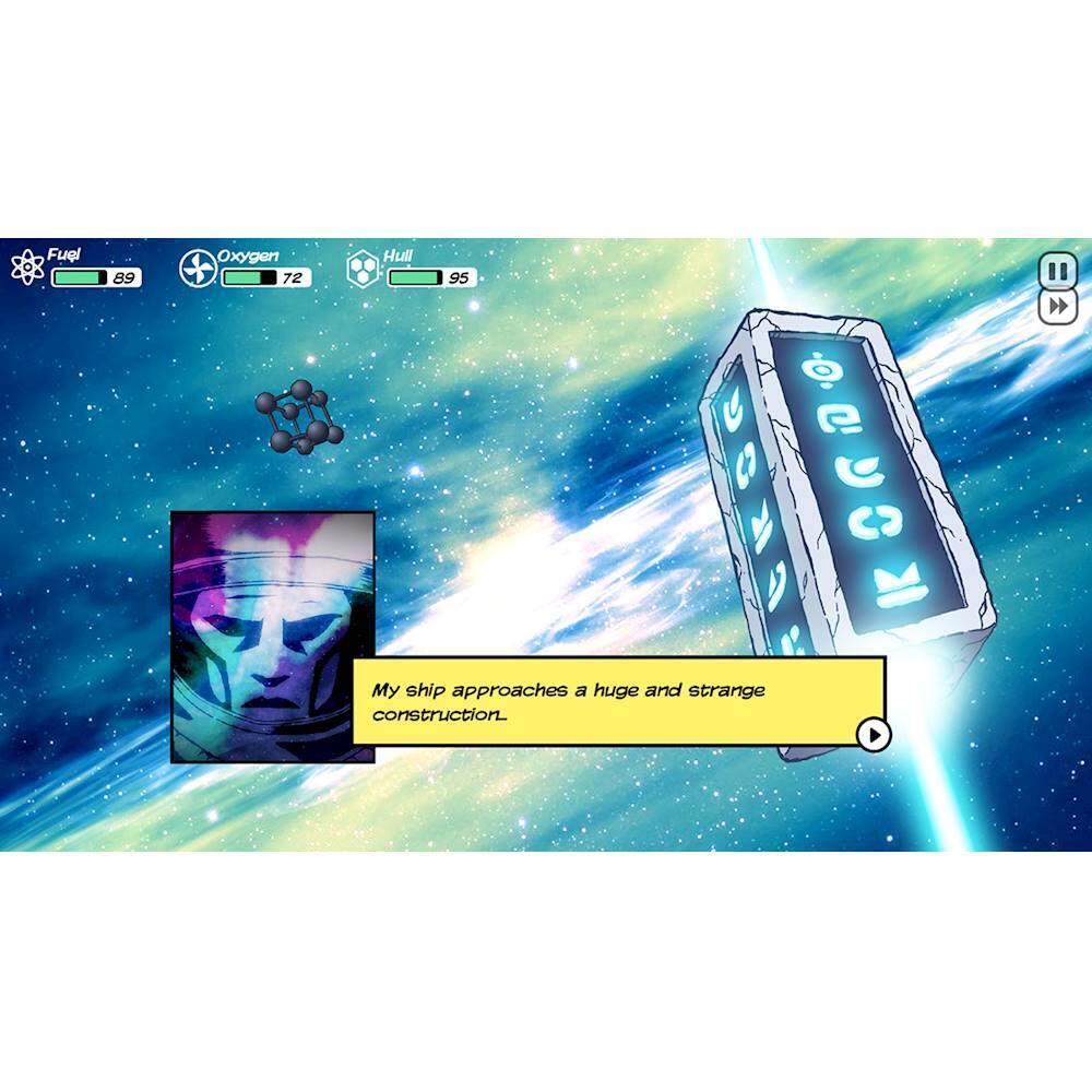 The image shows a spaceship approaching a large and strange structure. The spaceship is flying through a neon green sky, and there is a person visible on the ship. The scene appears to be a video game or a computer-generated image.