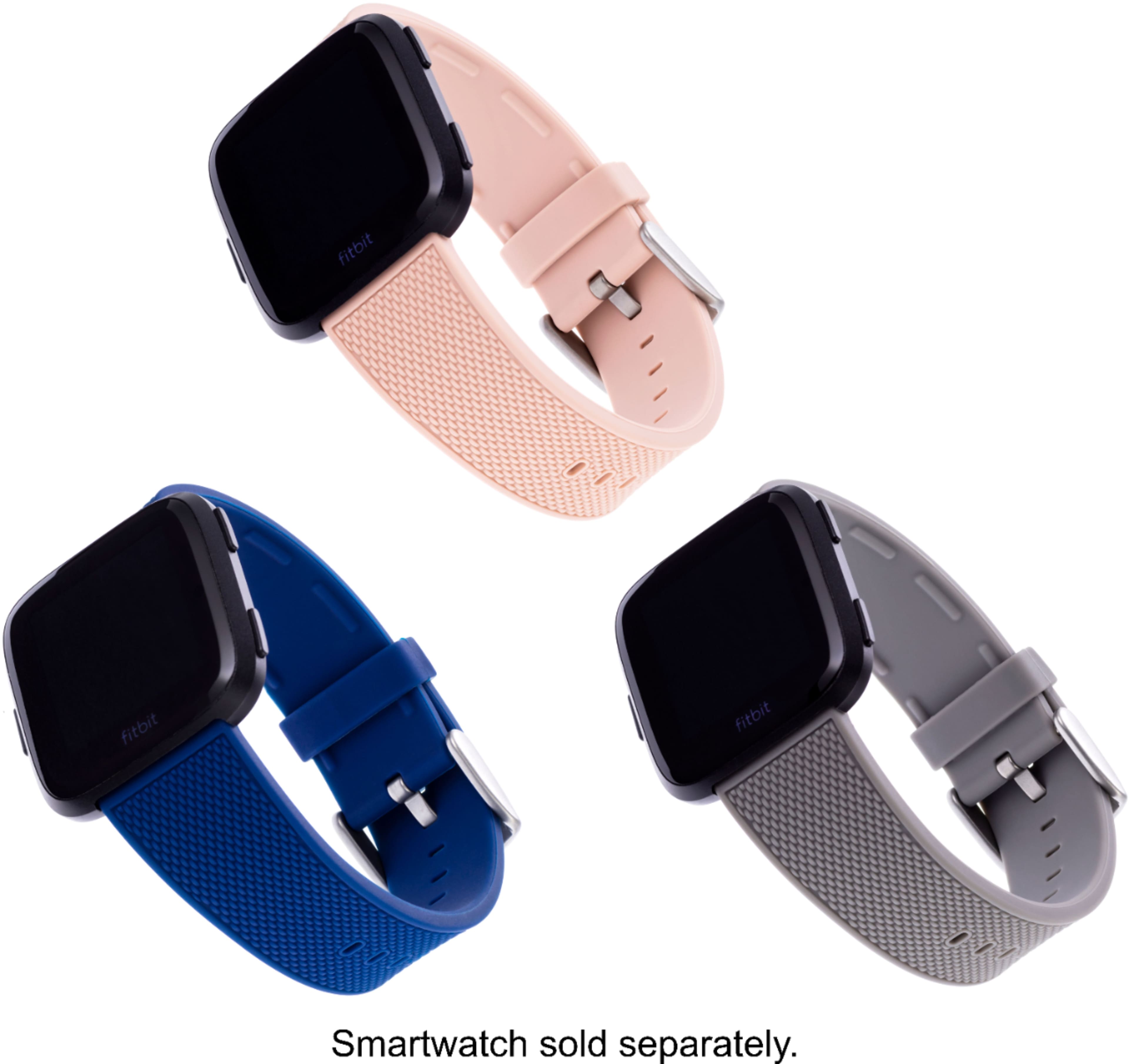 The image shows four different colored watches, each with a different color band. The watches are blue, pink, gray, and white. The text on the image reads "Smartwatch sold separately."
