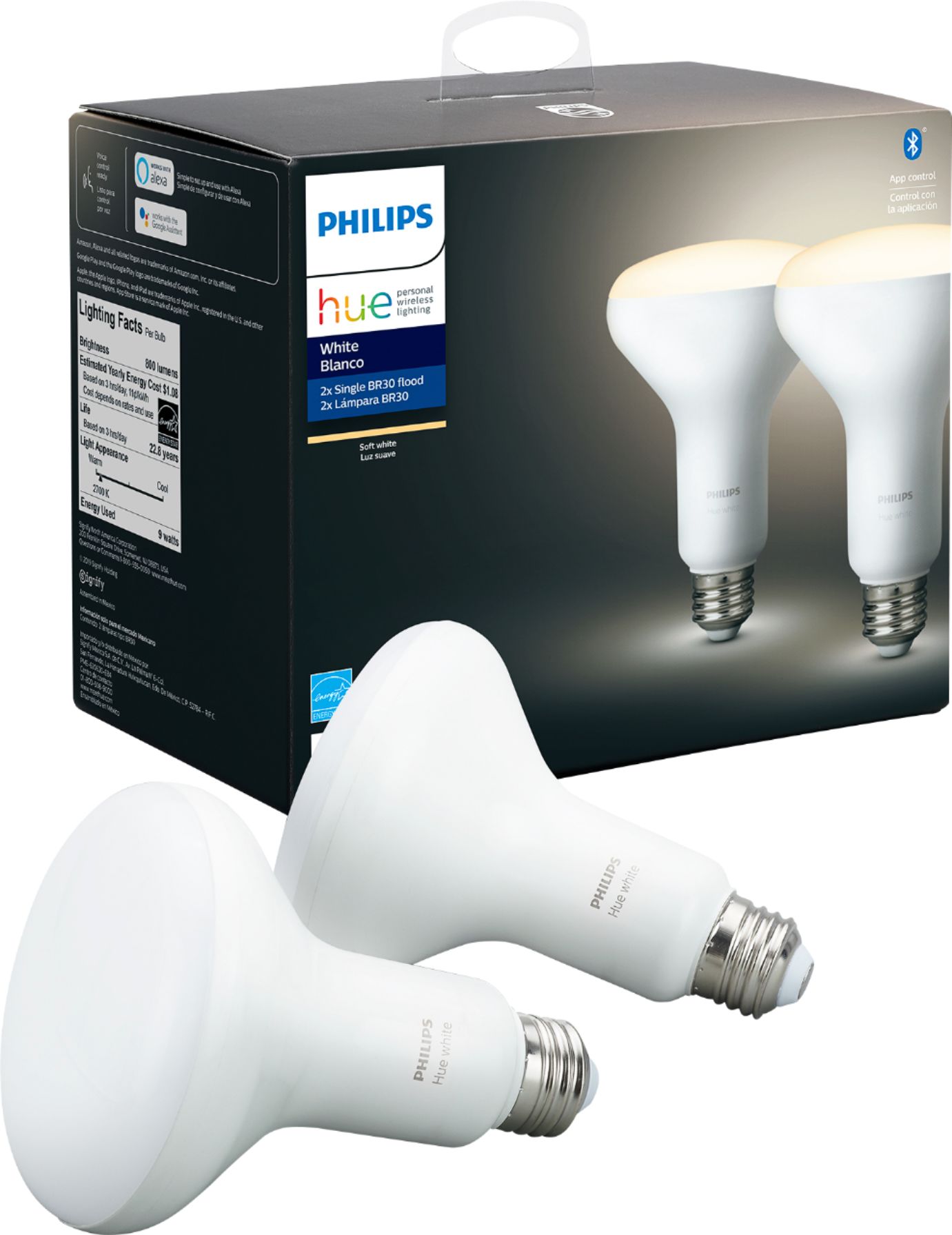 Philips - Hue White BR30 Bluetooth Smart LED Bulb (2-Pack) - White