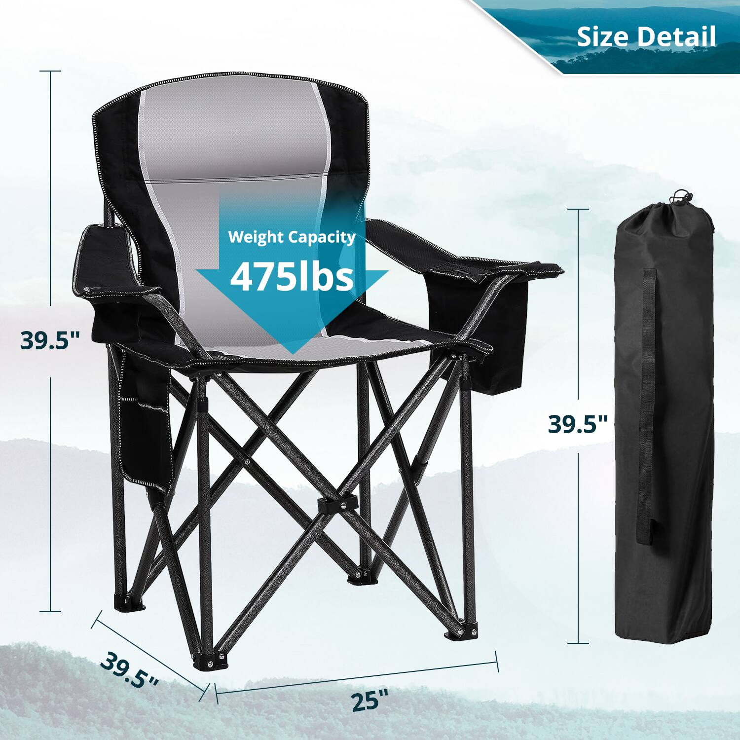 The image shows a black and white chair with a weight capacity of 475 lbs. The chair has a size detail of 39.5 inches, and it is accompanied by a black cover that also measures 39.5 inches. The chair is designed to be portable and can be easily carried around.