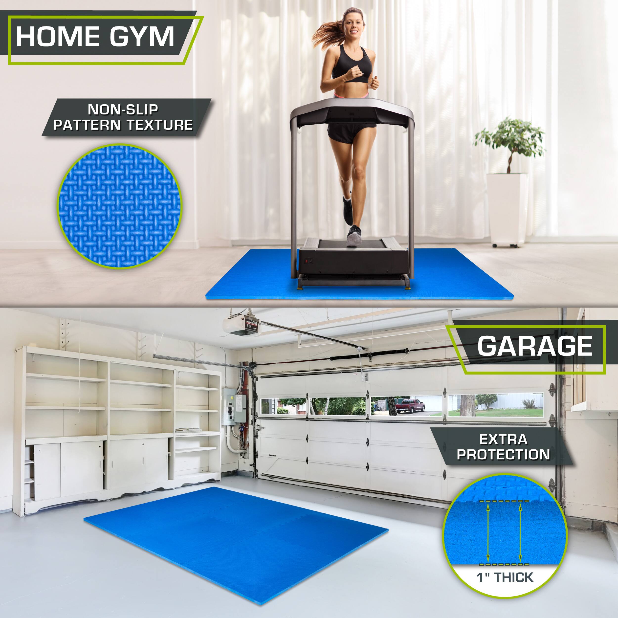 The corrected text from the image is:

- HOME GYM
- NON-SLIP PATTERN TEXTURE
- GARAGE
- EXTRA PROTECTION
- 1" THICK