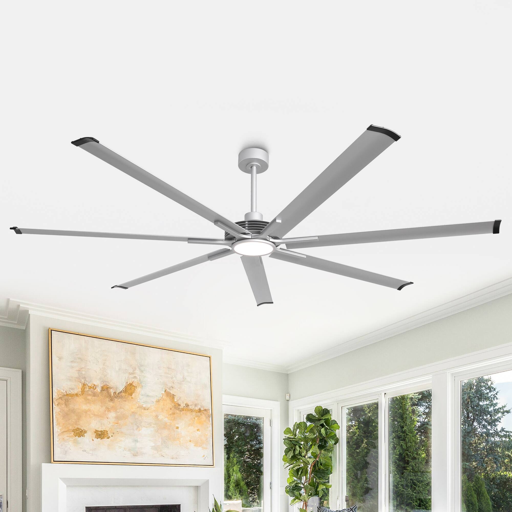 Back. Parrot Uncle - 84" Indsutrial Aluminum Extra Large Ceiling Fan with Light, Aluminum Blades and Remote - Silver.