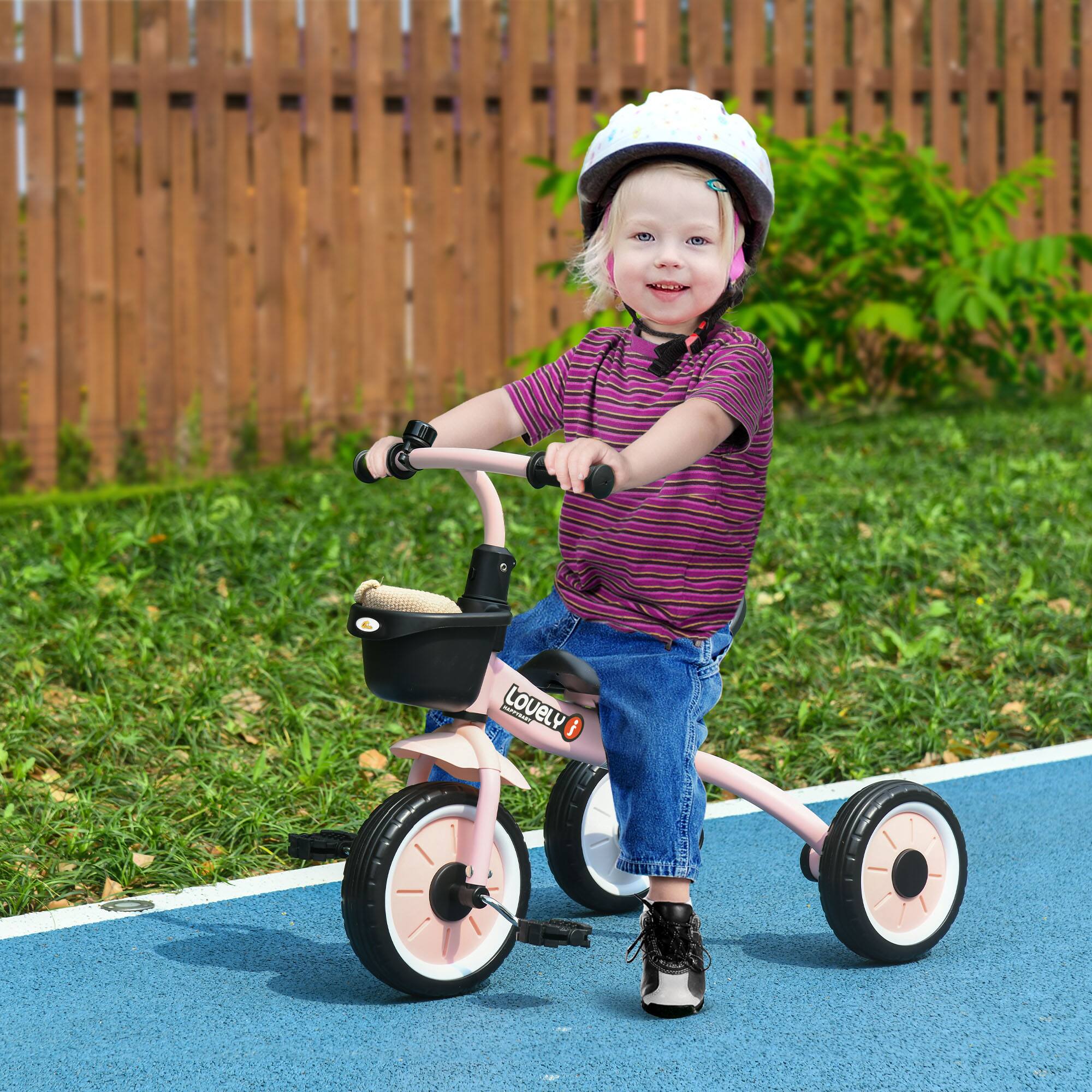 Angle. Qaba - Toddler Tricycle, 2-5 Years, Adjustable Seat, Kids Trike, Toddler Bike, Basket, Bell, Handlebar Grips.