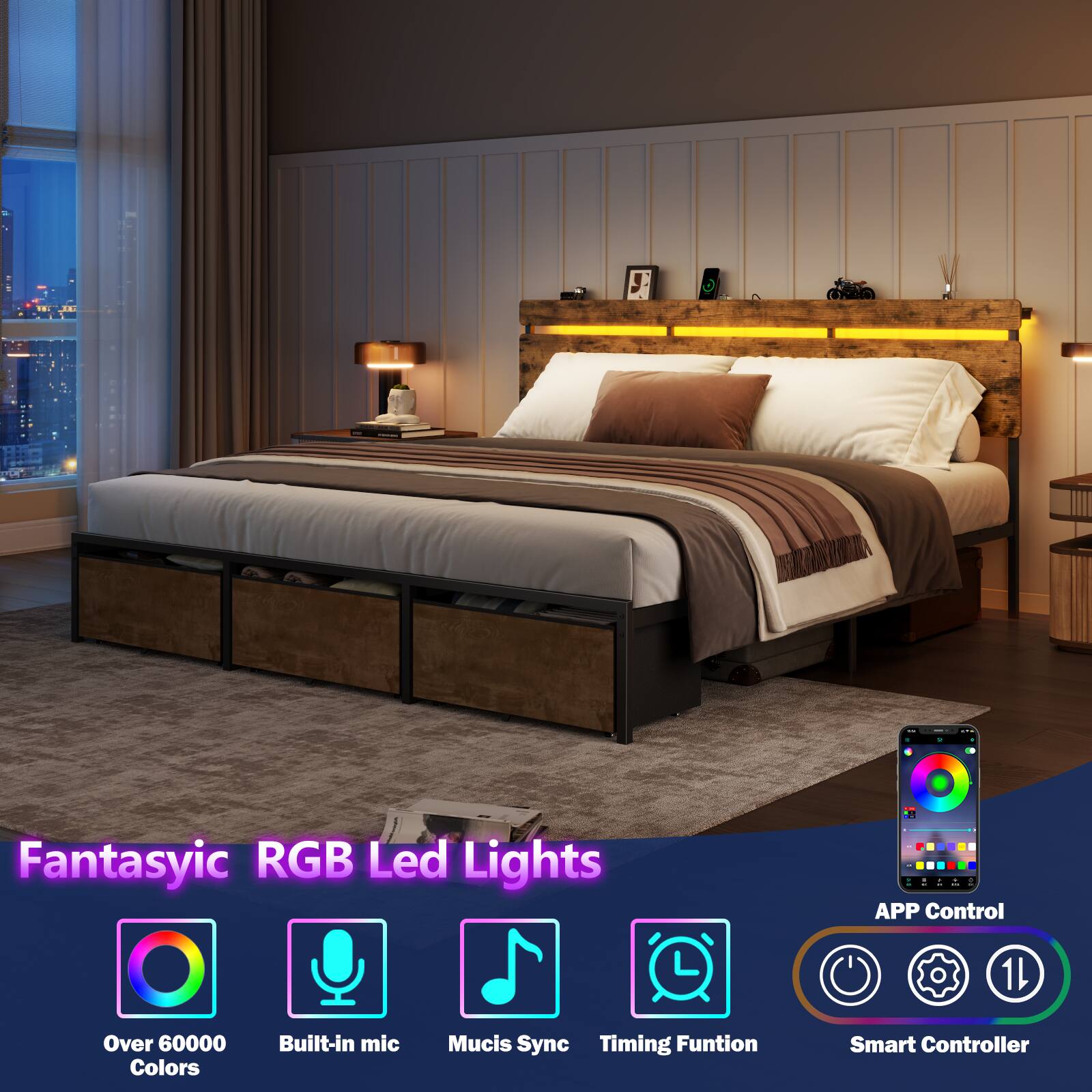 Fantasyic RGB Led Lights  
APP Control  
1L  
Over 60000 Colors  
Built-in mic  
Music Sync  
Timing Function  
Smart Controller