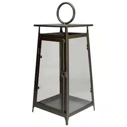Front. Melrose - 20" Brown Rustic Candle Lantern With a Latch Hook Lock Tabletop Decor - Brown.