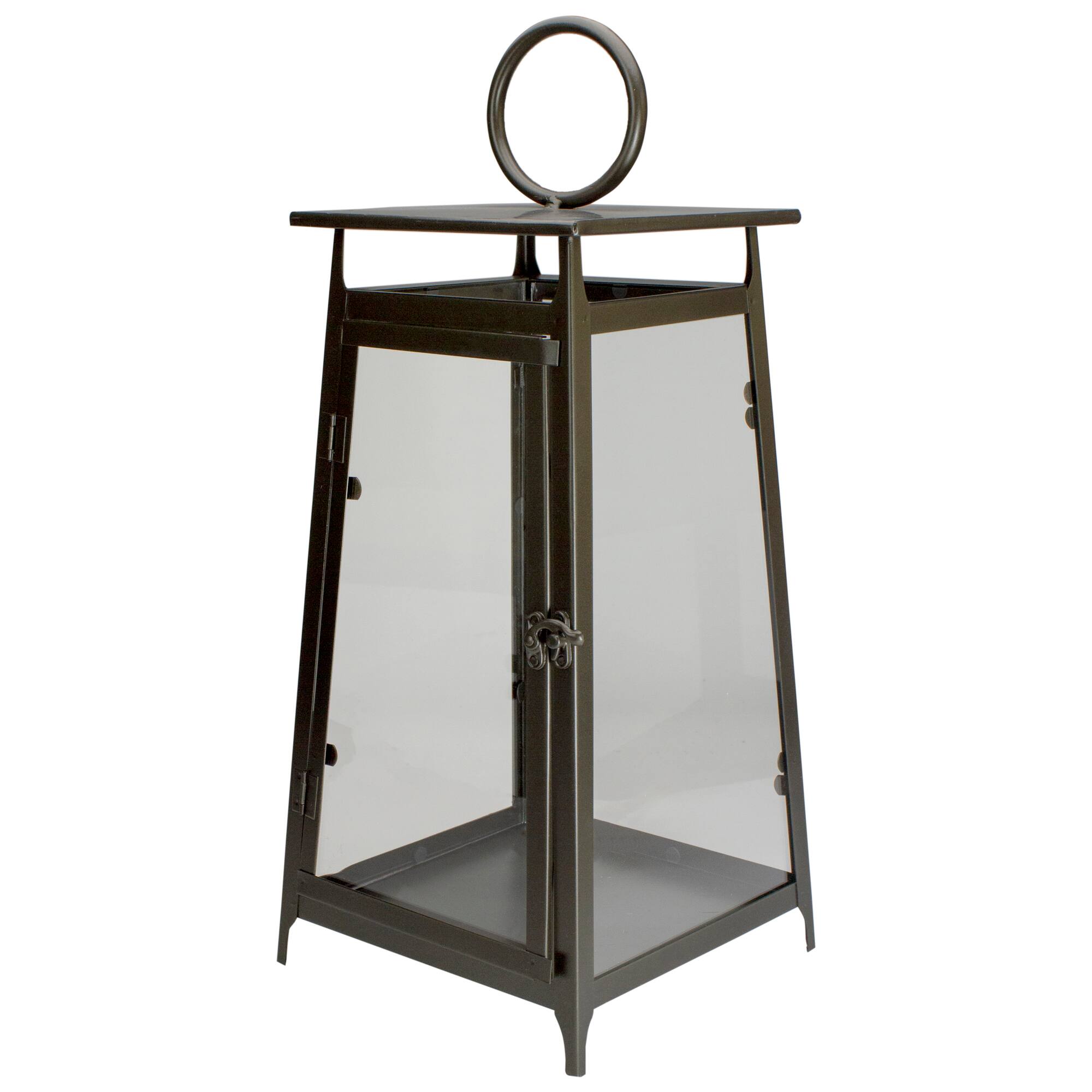 Front. Melrose - 20" Brown Rustic Candle Lantern With a Latch Hook Lock Tabletop Decor - Brown.