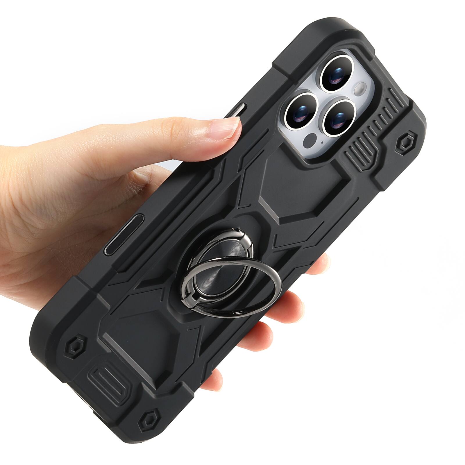 Angle. UUCOVER - Rugged Protective Case for Apple iPhone 15 Pro Max ,Shockproof Silicone+PC Case with 360° Rotating Ring Kickstand Cover - Black.