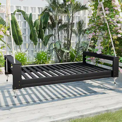 Front. APRILSOUL - Porch Swing Bed Seating Group Patio Acacia Wood Swing Frame with Hemp Ropes for Garden Backyard Black - Black.
