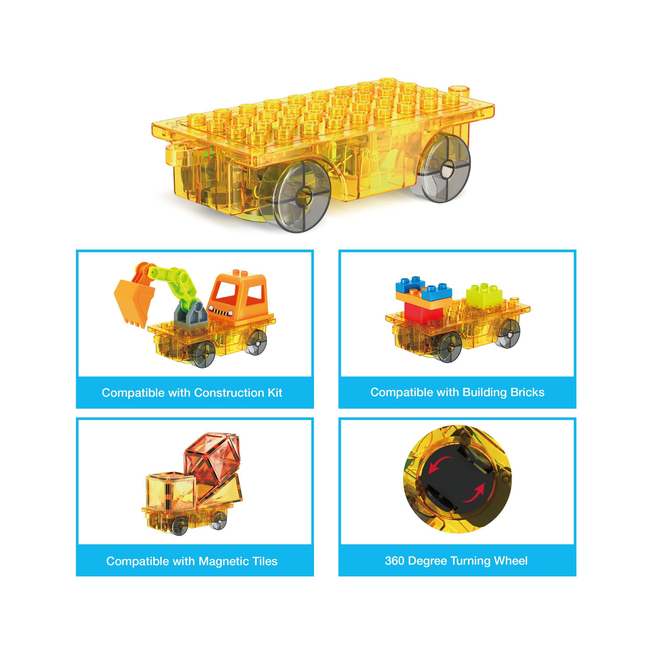 - Compatible with Construction Kit
- Compatible with Building Bricks
- Compatible with Magnetic Tiles
- 360 Degree Turning Wheel