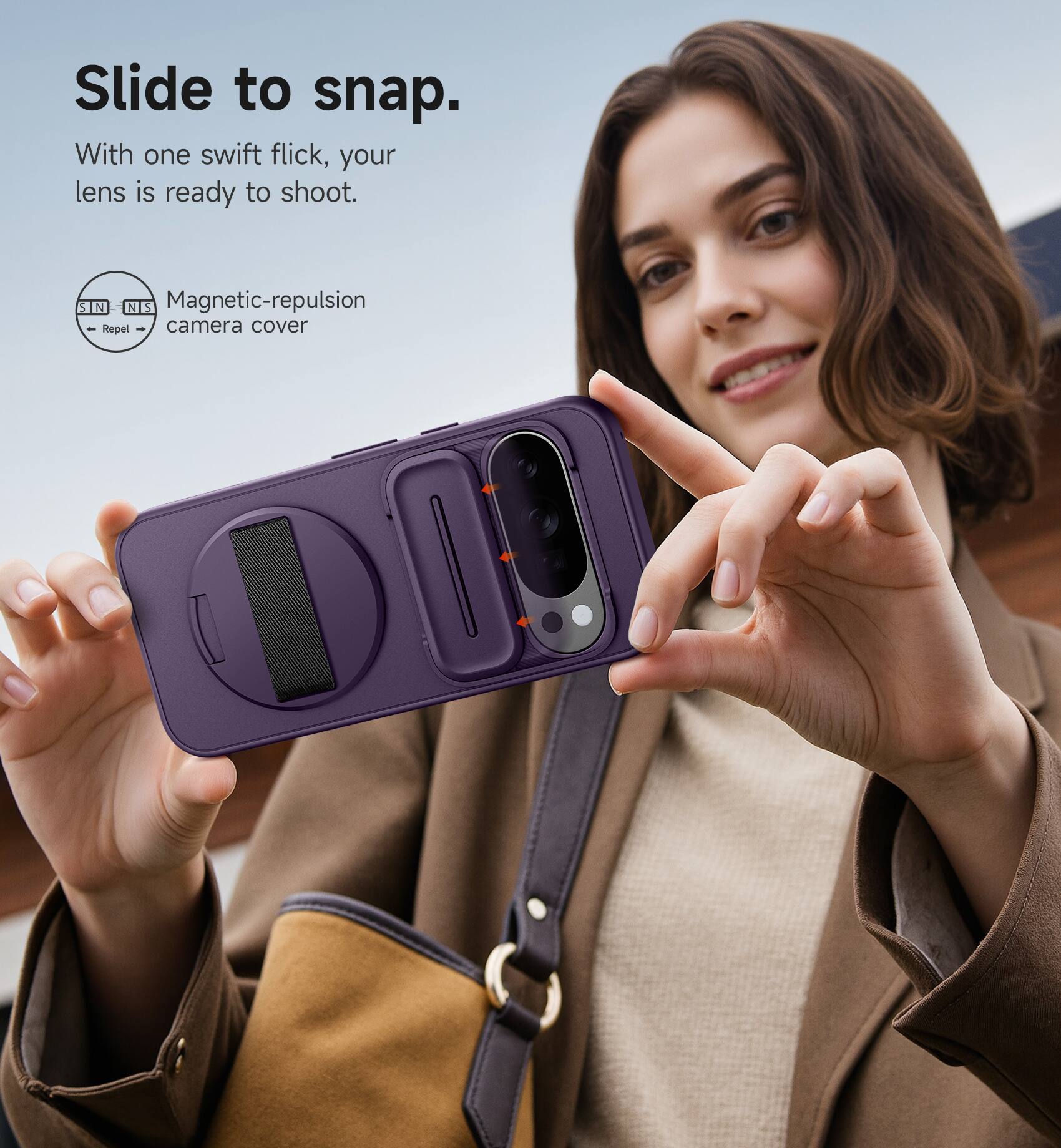 Slide to snap.  
With one swift flick, your lens is ready to shoot.  

NIS Magnetic-repulsion 1 Repel camera cover