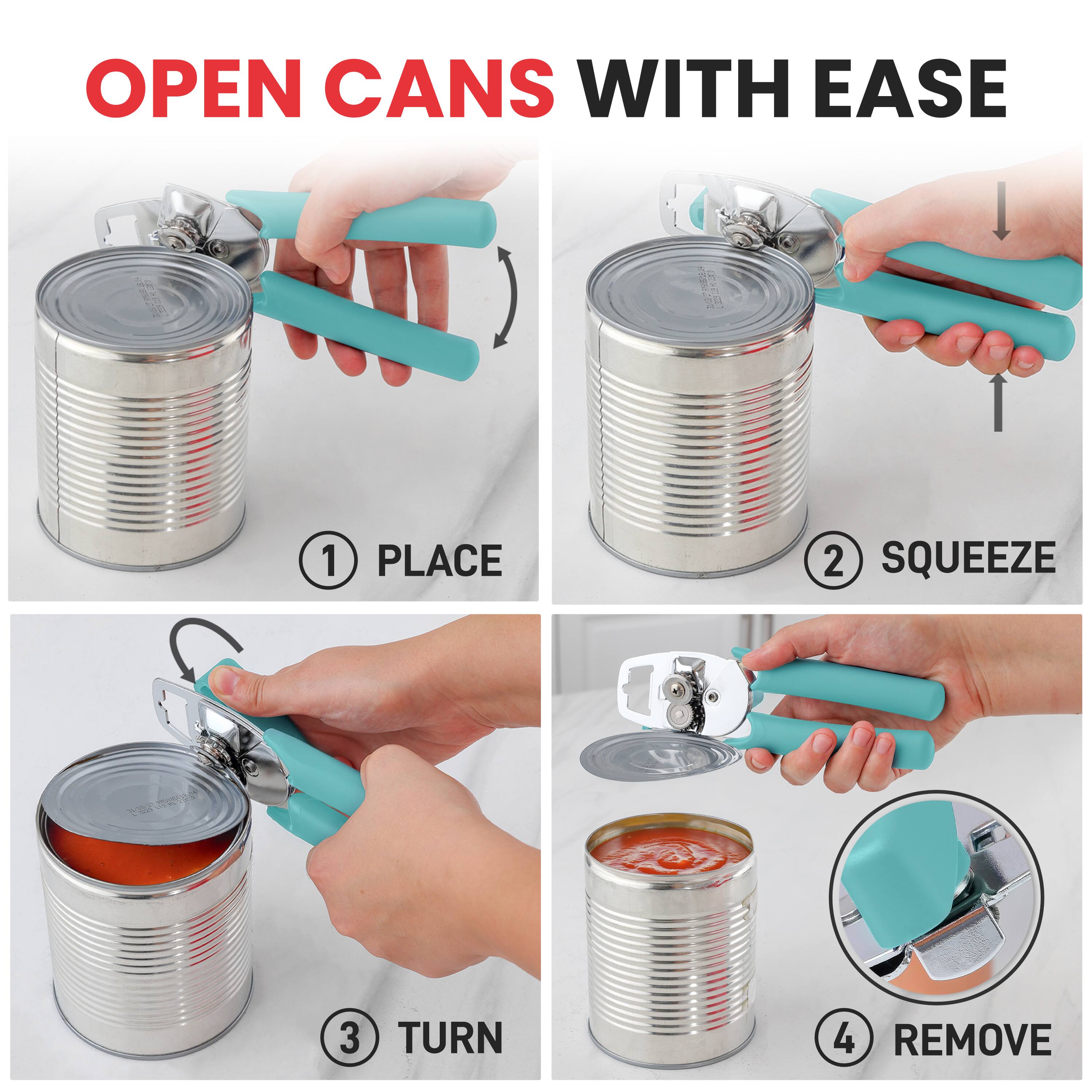 OPEN CANS WITH EASE

1. PLACE
2. SQUEEZE
3. TURN
4. REMOVE