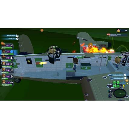 The image shows a video game scene with a plane and a person inside it. The person is holding a gun, and there is a fire nearby. The game is set in a virtual environment, and the player is likely engaged in a mission or task. The image also features a list of names, which could be related to the game's characters or objectives. - E10+ (Everyone 10+)