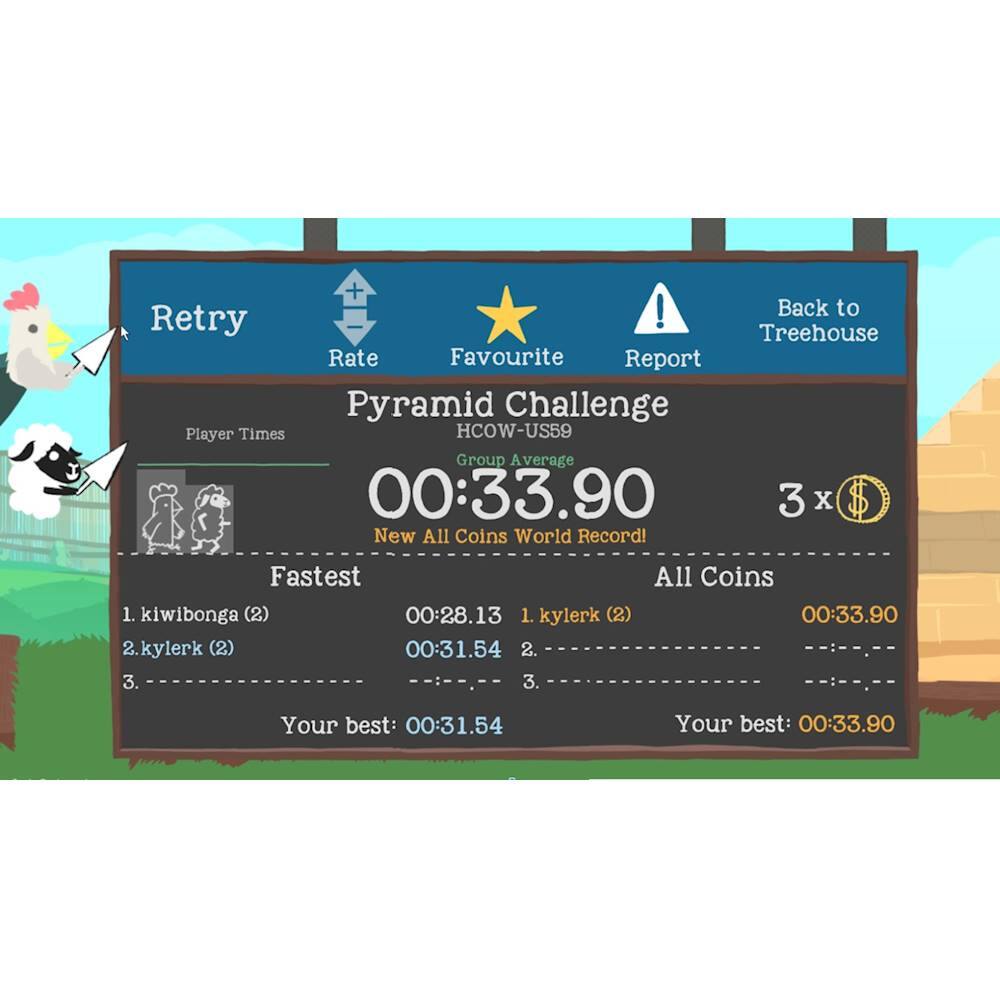 The image features a Pyramid Challenge game with a timer showing the fastest time achieved by a player. The timer displays the average time of 00:33.90, and the game is set in a Treehouse environment. The game is designed for group A, and the record shows the fastest All Coins time.

The image also displays the top three players who achieved the fastest times, with their names and times listed. The first player, kiwibonga, achieved a time of 00:28.13, while the second player, kylerk, achieved a time of 00:31.54. The third player, also kylerk, achieved a time of 00:33.90. The image also shows the best time achieved by each player, with the second player, kylerk, having the best time of 00:31.54.