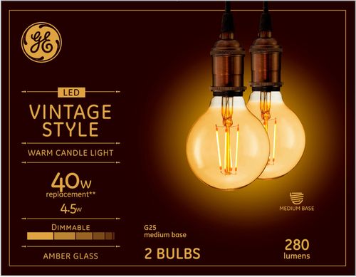 GE - Vintage 280-Lumen, 4.5W Dimmable G25 LED Light Bulb, 40W Equivalent (2-Pack) - Amber was $24.99 now $9.99 (60.0% off)