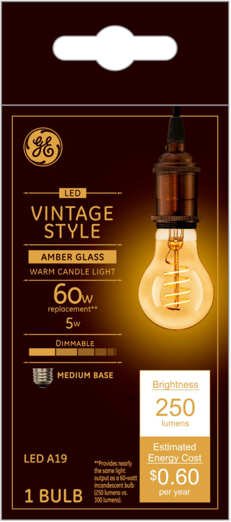 GE Vintage 250-Lumen, Dimmable A19 LED Light Bulb, 60W Equivalent Amber 36505 - Best Buy