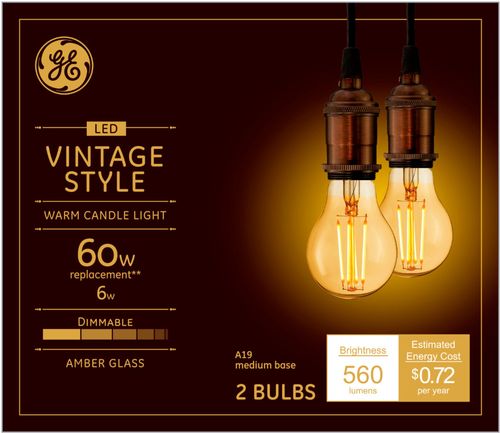 GE - Vintage 560-Lumen, 6W Dimmable A19 LED Light Bulb, 60W Equivalent (2-Pack) - Amber was $24.99 now $9.99 (60.0% off)