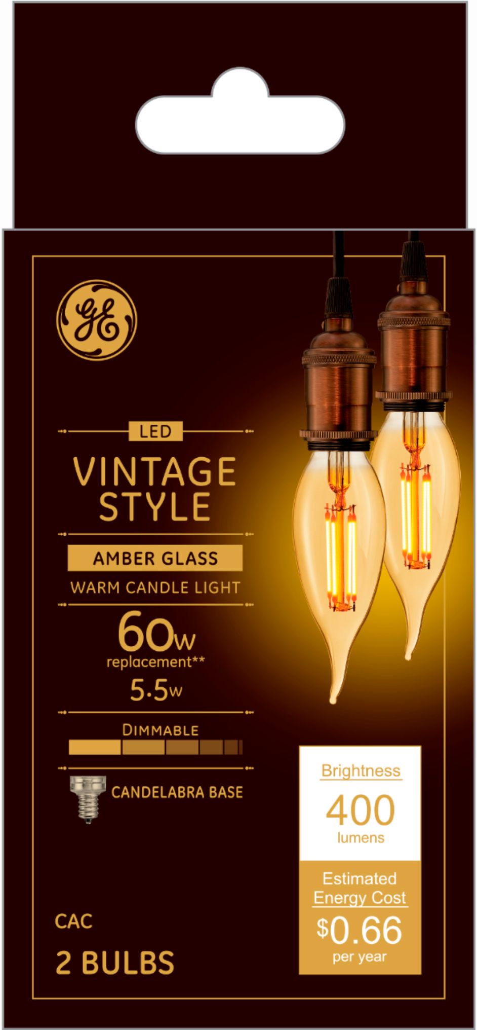 GE - Vintage 400-Lumen, 5.5W Dimmable candle LED Light Bulb, 60W Equivalent (2-Pack) - Amber