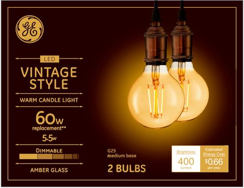 GE - Vintage 400-Lumen, 5.5W Dimmable G25 LED Light Bulb, 60W Equivalent (2-Pack) - Amber was $19.99 now $10.99 (45.0% off)