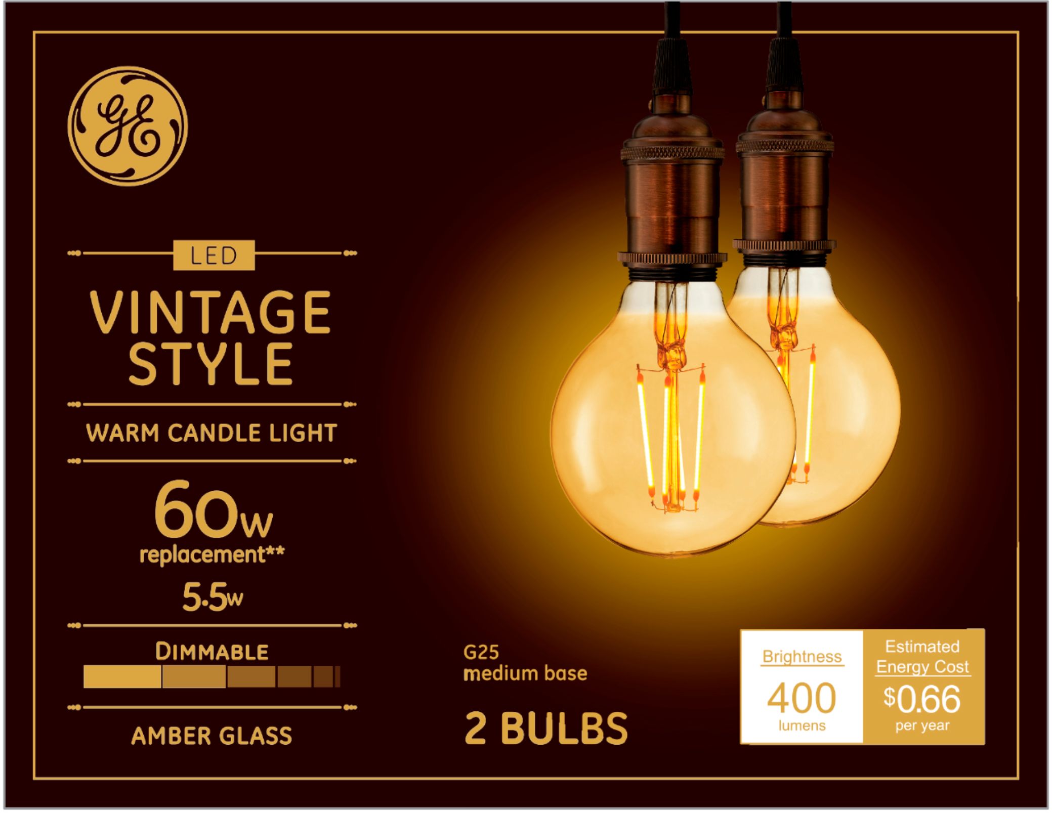 GE - Vintage 400-Lumen, 5.5W Dimmable G25 LED Light Bulb, 60W Equivalent (2-Pack) - Amber