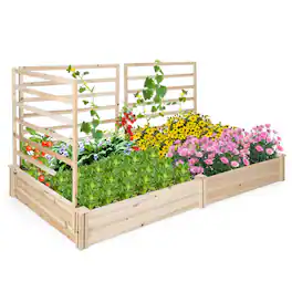 Costway - Raised Garden Bed with 3 Trellises with Divided Compartments for Flowers - Natural
